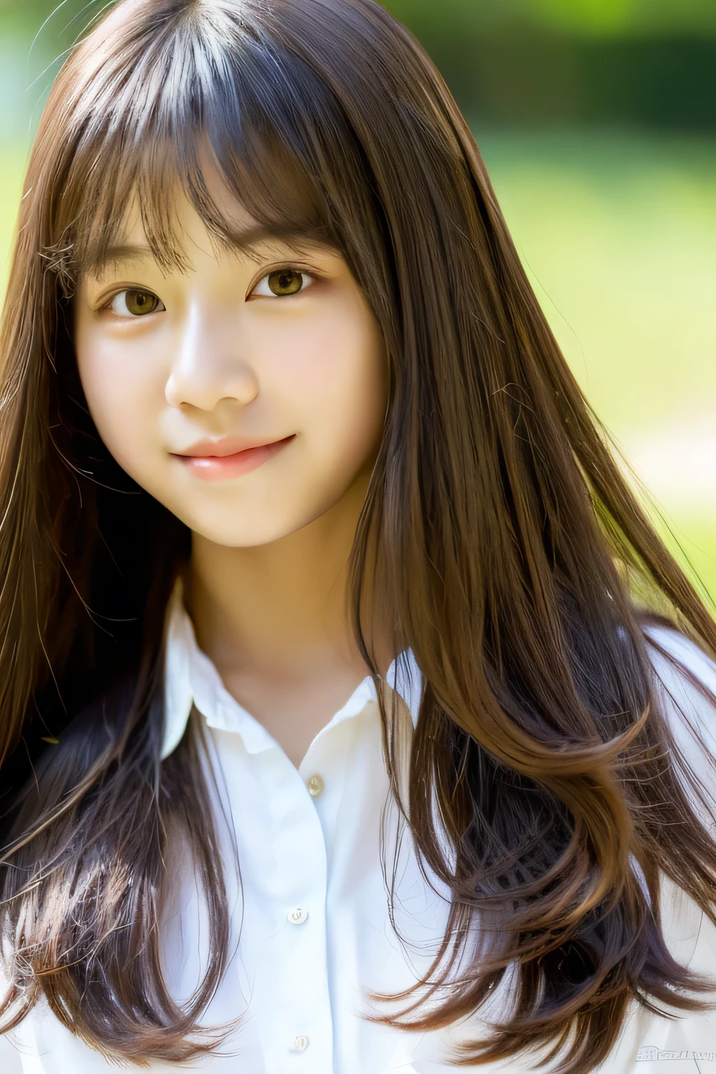 ((beautiful and shiny、neat straight long hair))、outdoor, alone,highest quality、hyper hd、by bangs (beautiful feces:1.3) ((cute:1.3))、((16 years old)) white shirt Decolletage natural color lips () Sense of cleanliness Pure half-open lips ((cute)) ((frontage))