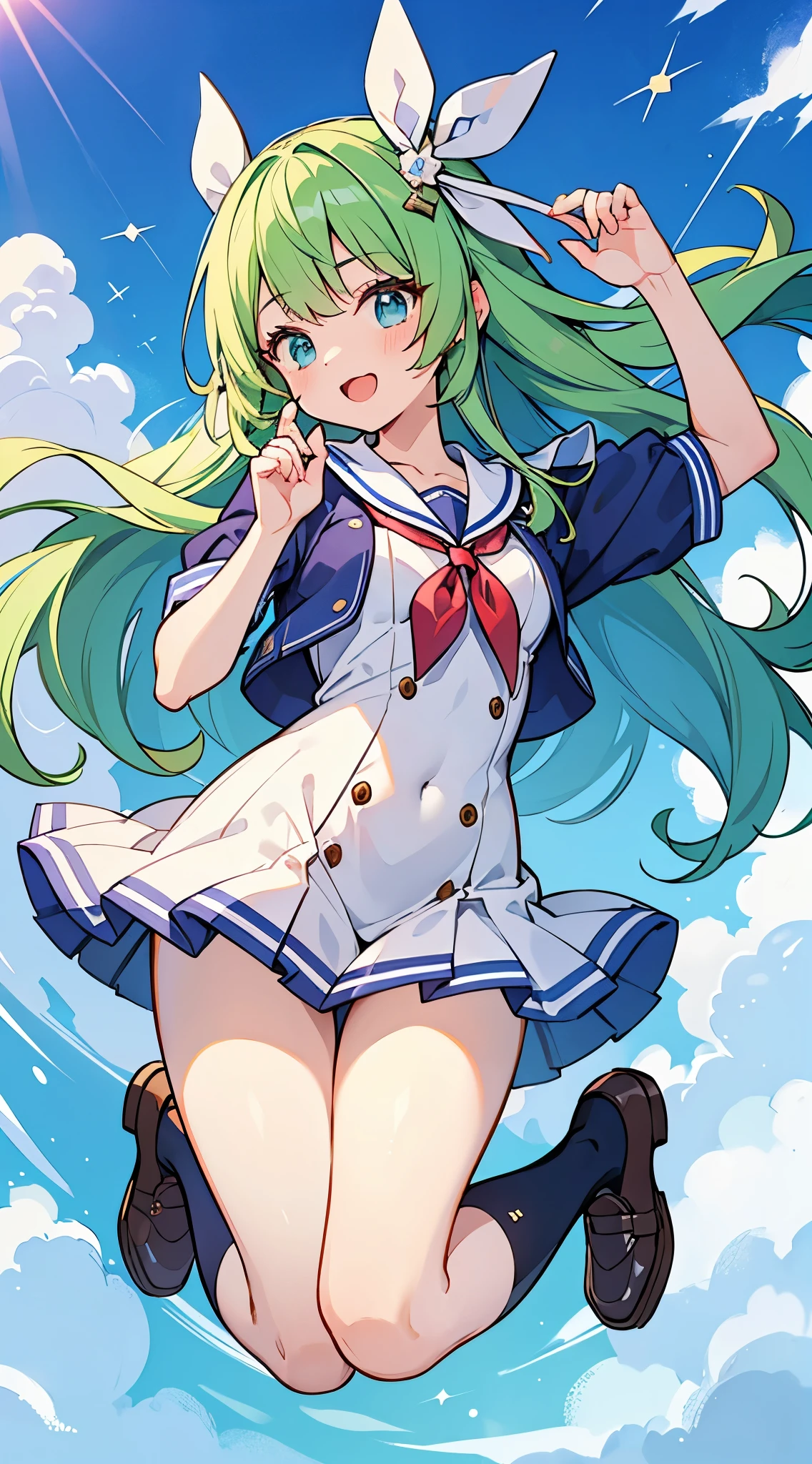 ((A Pretty High School girl with green hair and blue eyes)), ((Jumping in the air)), ((Sailor suit with a ribbon)), Baby face, ((master piece, top-quality, ultra-definition, high resolution)), anime girl, ((ultra-detailed illust:1.2)), only one person, bangs, hair between eye, beautiful hair, Beautiful eyes, Medium breasts, loafers, Big smile, opened mouth, blue sky background, the whole body completely in the air