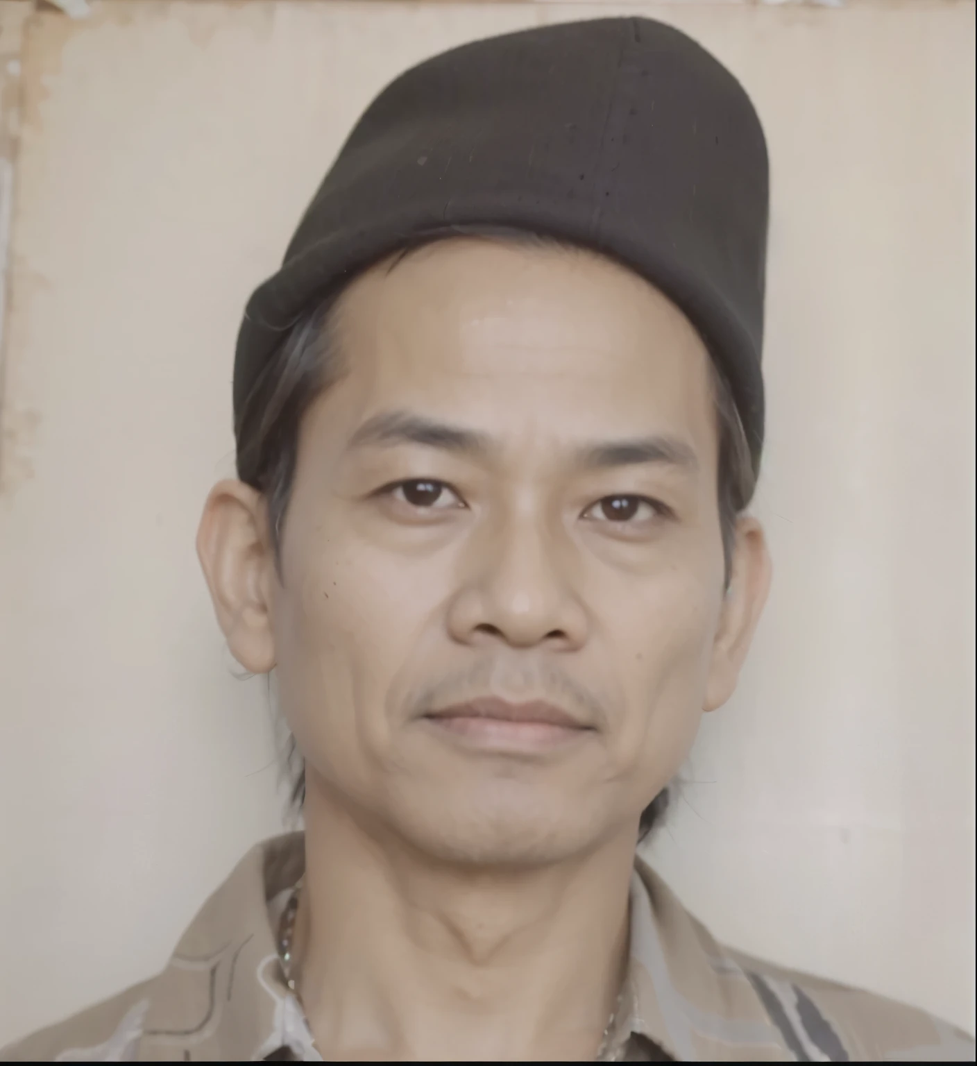 an Indonesian man around 60 years old with a black hat tilted, wearing batik clothes, clearer skin color, high quality, super clear, super complex, super realistic colors, the best camera photo quality