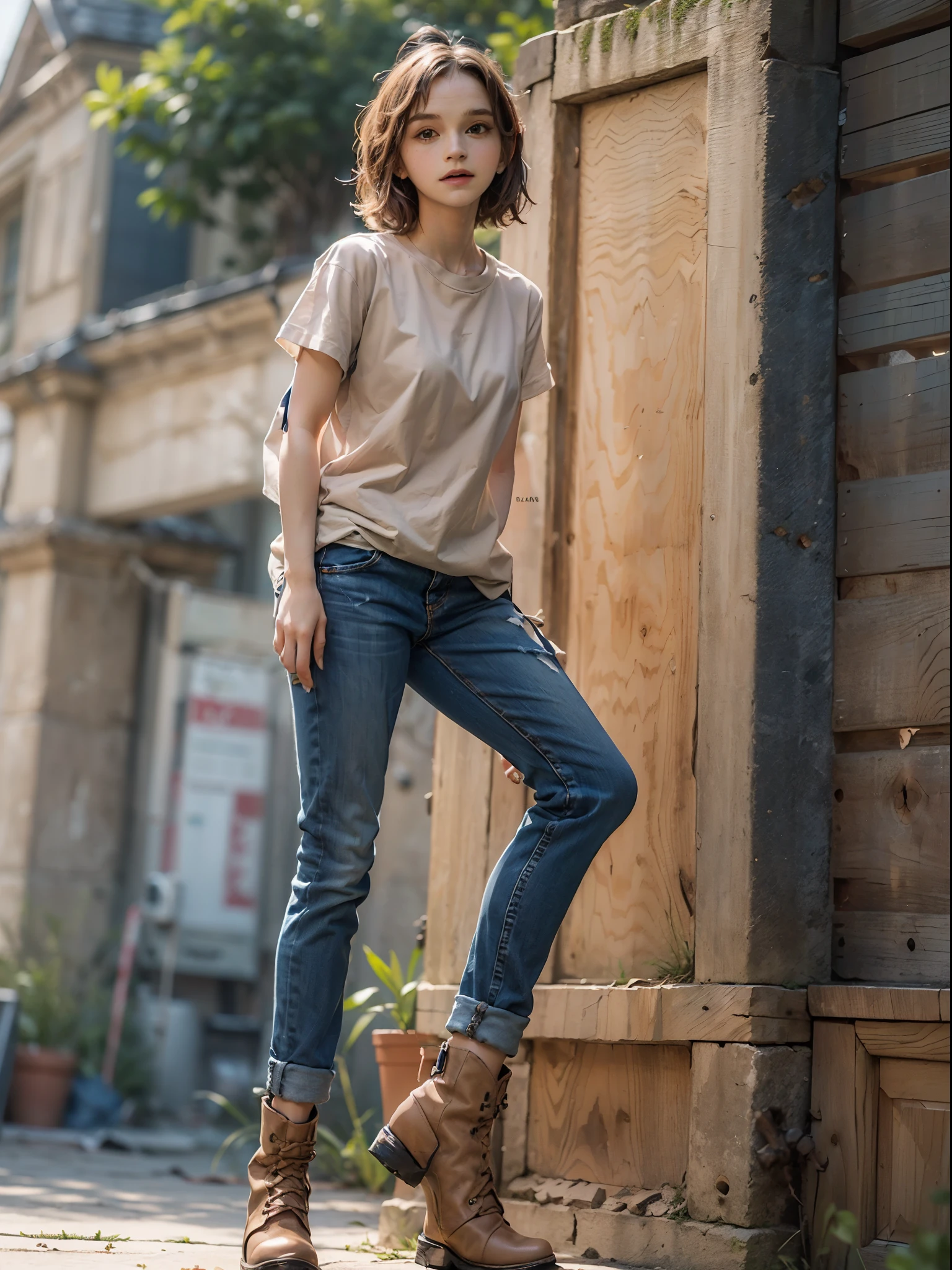 ((Small underhoulder length straight short hair: 1.2), （Extremely meticulous CG 8k wallpaper），（Extremely refined and beautiful），（Masterpiece），（best qualtiy：1.0），（Ultra High Resolution：1.0），beautiful light up，Perfect lightning，realistic shaded，[A high resolution]，Smooth and flawless fair skin，Extremely exquisite facial details，（perfect body：1.1），ultra - detailed，A beautiful girl，small head，(Small breasts:1.1)，Flat chests，slim，thin，Smile，cheerfulness，(White Short Sleeve T-shirt:1.1），（Light blue denim pants:1.1）,camel toe,(Black military boots:1.1)，early autumn，Dusk, sunset light，Standing at the school gate，Close Shot，Surrounded by a crowded crowd, (Emma_watson)
