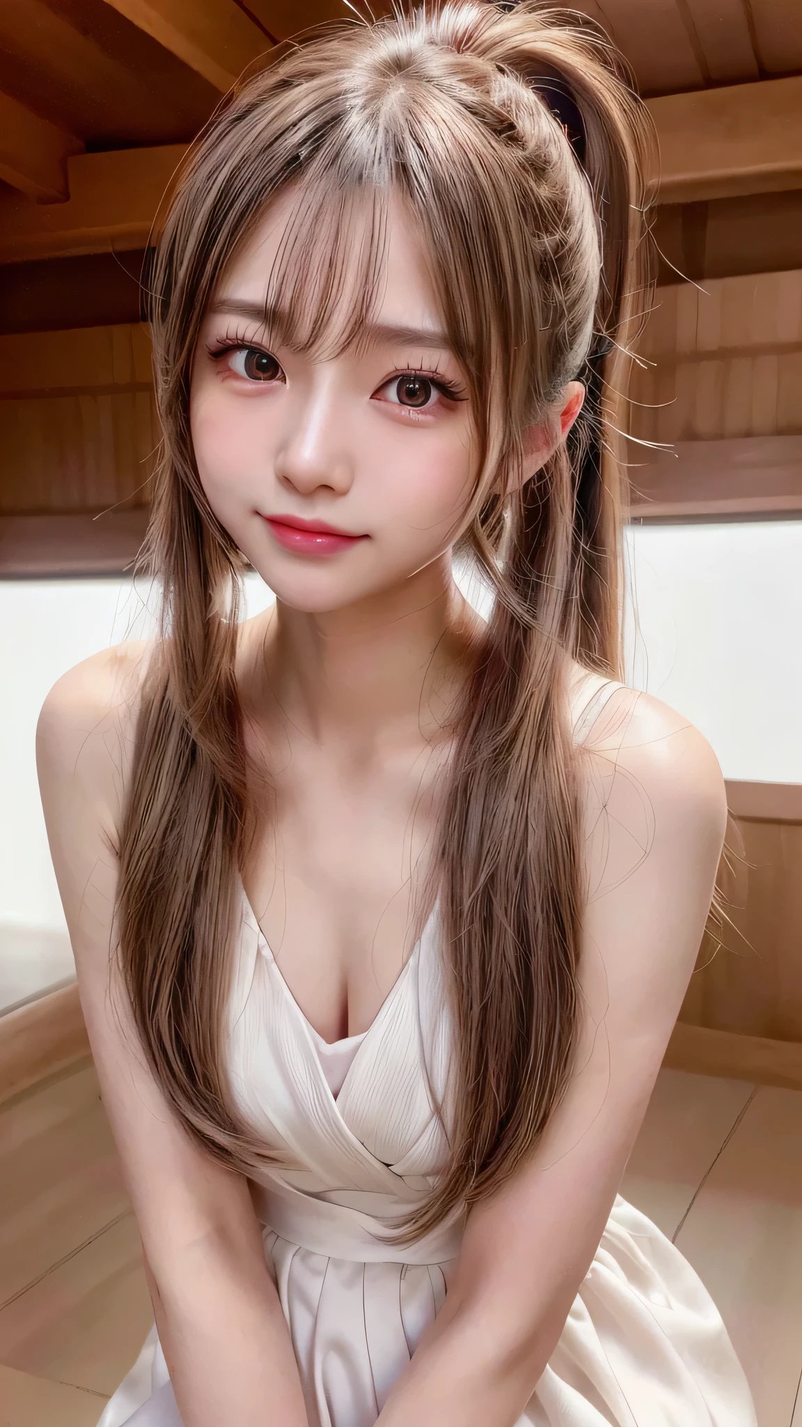 blush,,small breasts,long hair ponytail,Wearing a white dress,enjoying the date,Japanese amusement park,close up of face,((8K, Raw photo, best quality, muste piece:1.2), (Reality, photorealistic:1.4), (Highly detailed 8K wallpaper), Depth of bounds written, cinematic lighting, soft light, detailed beauty eye,Shiny and smooth light brown ponytail, asymmetrical bangs, shiny skin, super detailed skin ,high resolution, high detail, detailed hairstyle, detailed beauty face, hyper real, perfect limbs, perfect anatomy ,1 Japanese girl,famous japanese idol, perfect female body,shy smile,short eyelashes,double-edged eyelids,look straight here,Hair style is ponytail,