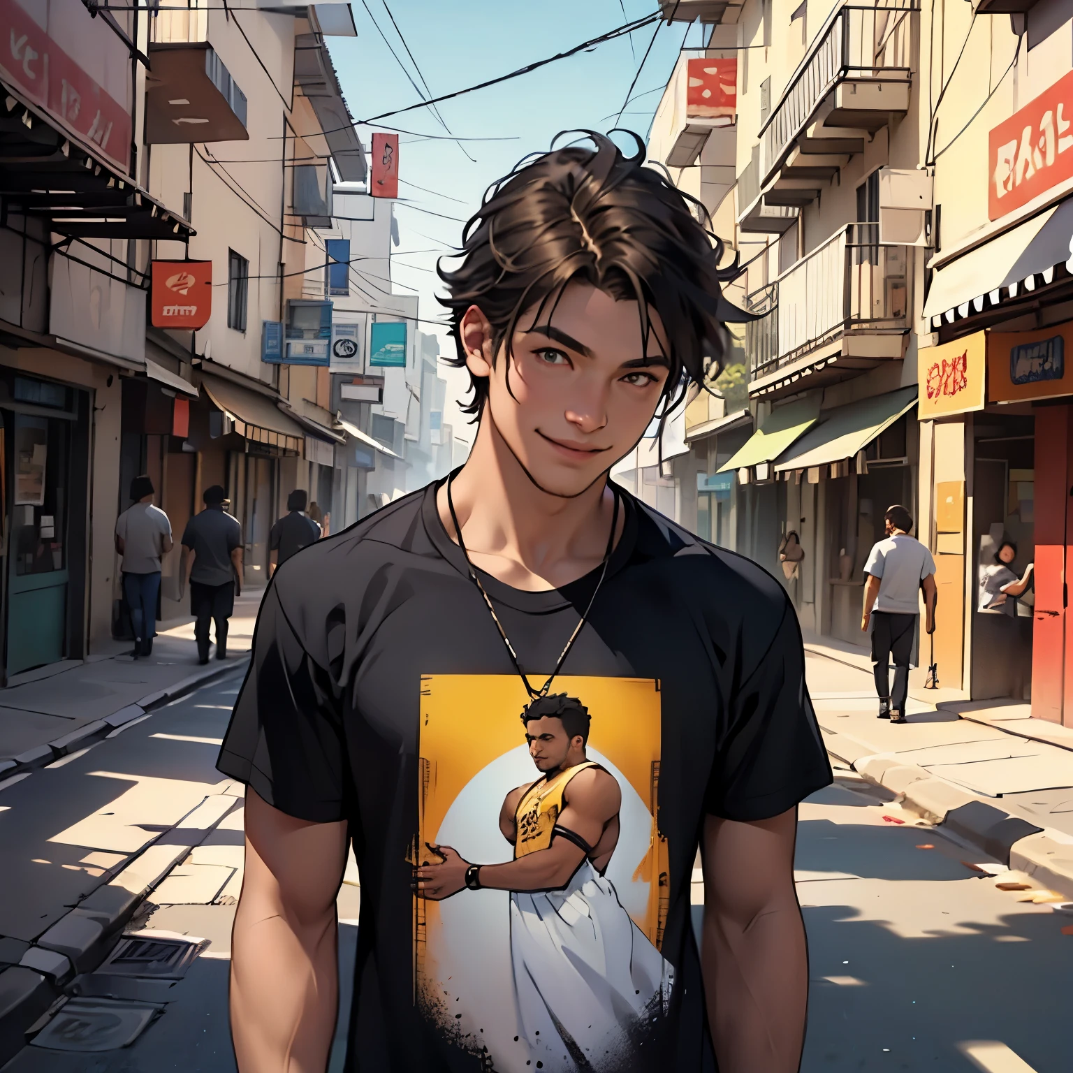 camiseta color negro con dorado camiseta ajustada al cuertpo ultra realista, 16-year-old boy with brown cinnamon skin, cuerpo atletico tonificado cabello liso,masculino serio pensativo observador tiene el dorso desnudo camiseta negra ajustada al cuerpo sin estampado ni dibujos caminando, sonriendo por las calles de una moderna ciudad un amigo cernaco se acerca por atras y lo abraza