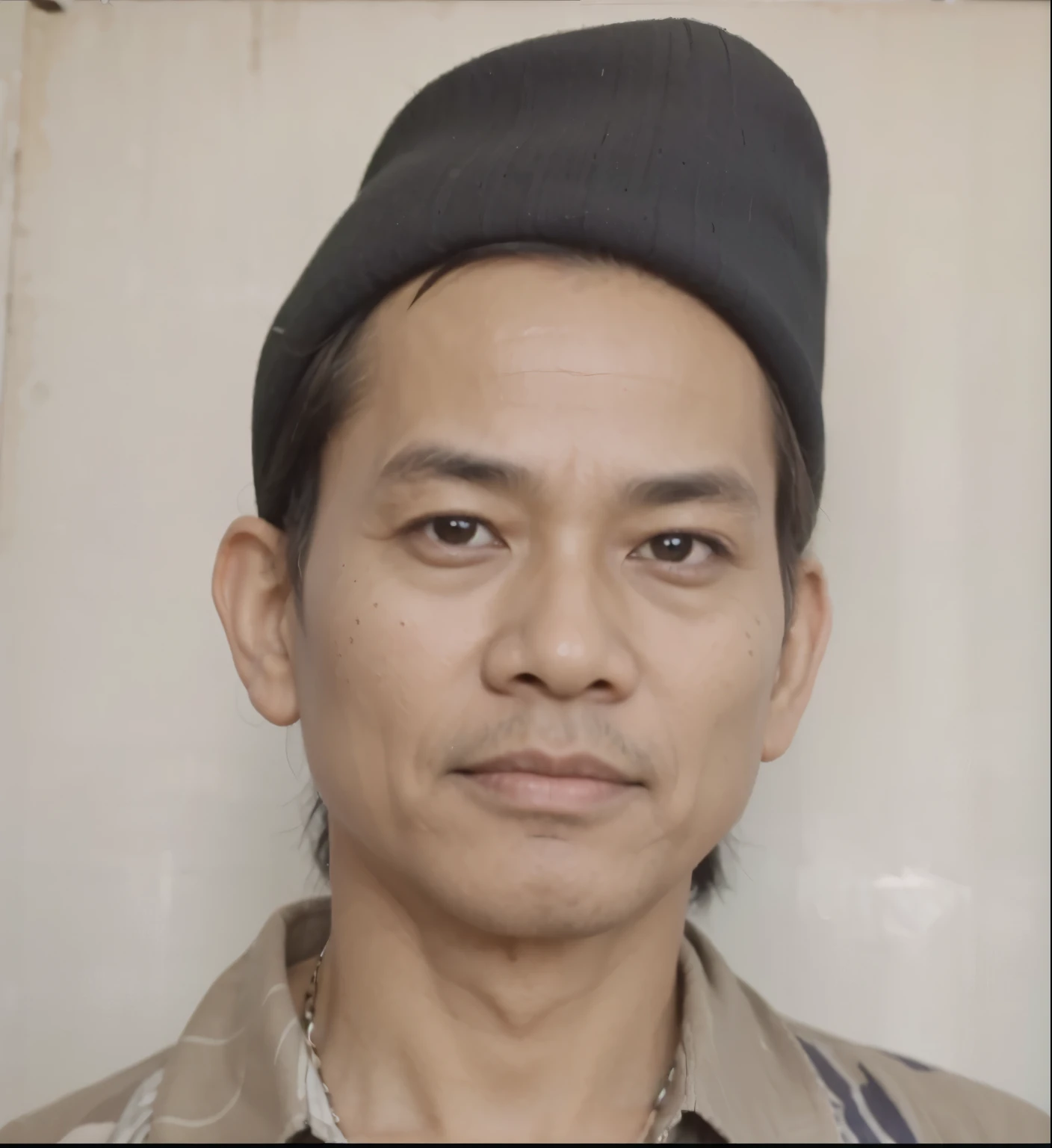an Indonesian man around 60 years old with a black hat tilted, wearing batik clothes, clearer skin color, high quality, super clear, super complex, super realistic colors, the best camera photo quality