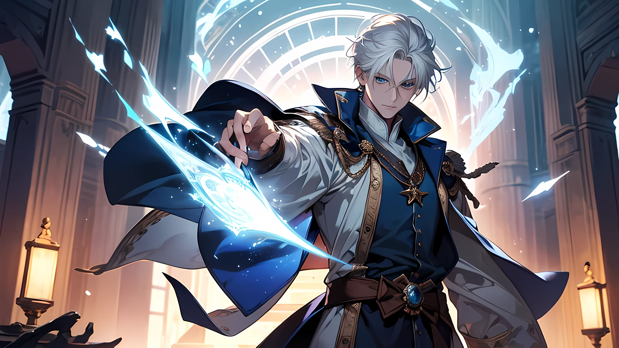 (highest resolution, distinct_image), best quality, masterpiece, very detailed, semi-realistic, man with short white hair, mature man, mage, magic, wooden magic wand, blue mage clothes, perfect face, perfect eyes, perfect body