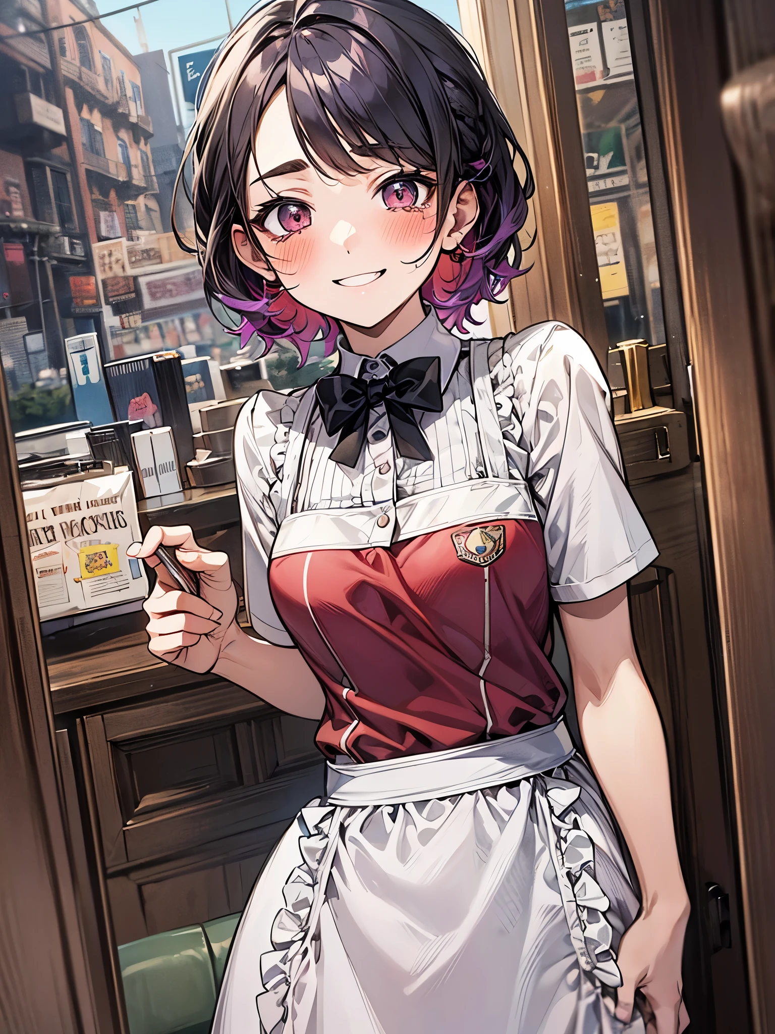 cowboy shot、Perspective from a low position、(((Girlfriend))),(((blush:1.3)))、、cute、tears:1.3,(((thin eyebrows、upward glance))),(((I'm embarrassed:1.3)))、(((waitress:1.3))),family restaurant、Brought coffee、(((smile:1.2)))、cute、((colorful hair color、Berry Short)))