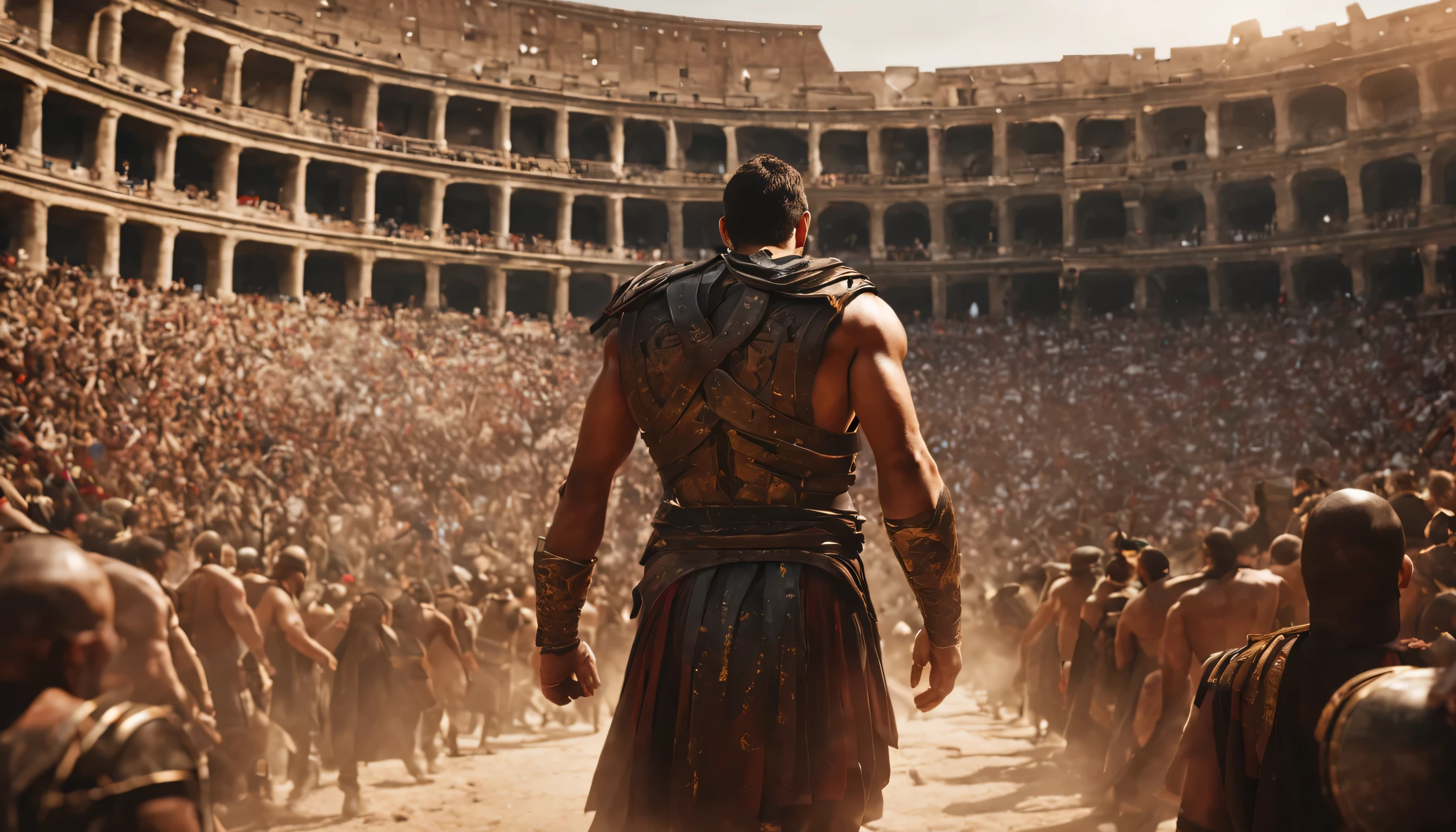 Exhausted, but the unshakable Gladiator enters the arena., rear view of a crowded arena, enemies in the arena, mega epic work of art, masterpiece, Cinematic, stoic, Roman Coliseum, opposition, Do not give up, motivational 