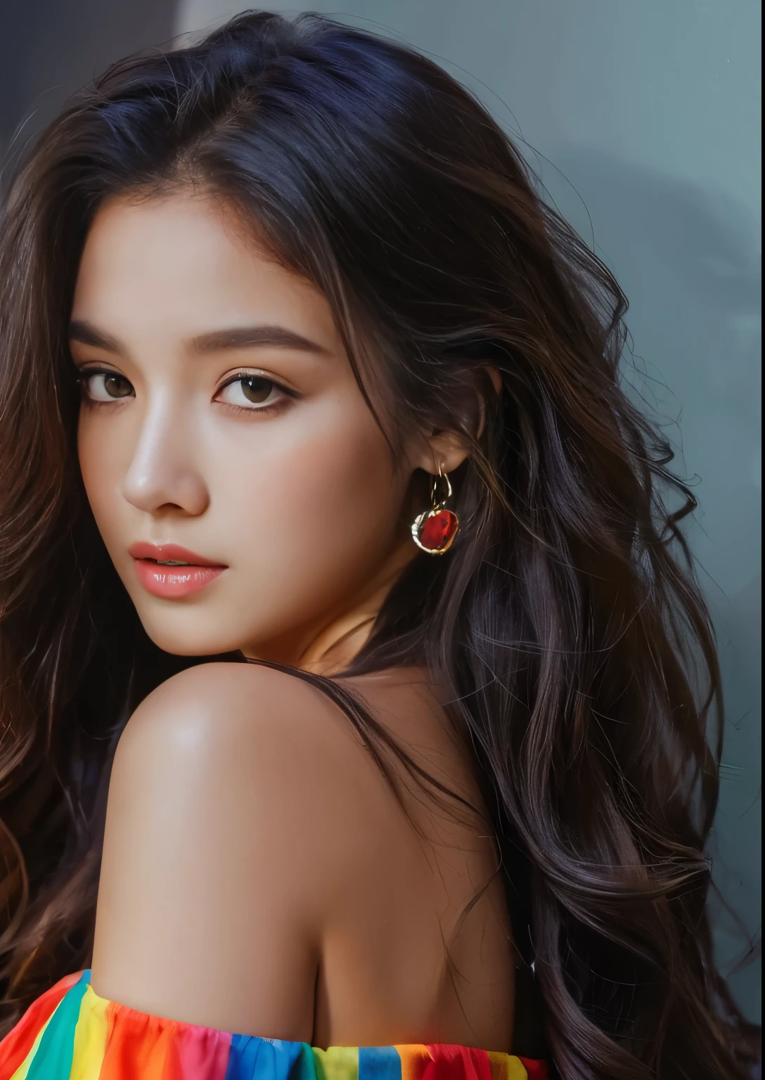 highest quality, masterpiece, ultra high resolution, (realistic:1.5), RAW photo, 1 girl, off shoulder, in the dark, deep shadow, discreet key, sexy look, Branded long hair、curly hair、Looking at the camera、rainbow colored eyes、
