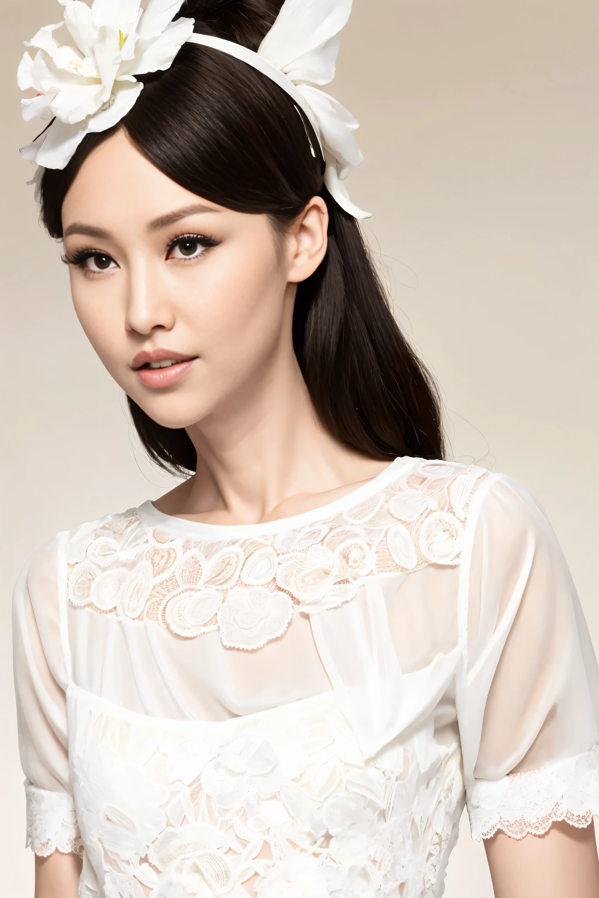 fashion model 20 years old [[[[close up]]]], [[[[neck]]]], [[[[Shoulder]]]], perfect eyes, perfect iris，perfect lips，perfect teeth，perfect skin，White skin，Soft headlight，High density imaging review，Face slimming type，slender nose，long black hair，（Face is clear and delicate），((white lace underwear))，((Sexy))，The background is the bedroom，big bed，best quality，masterpiece，（pastel colors：1.2）