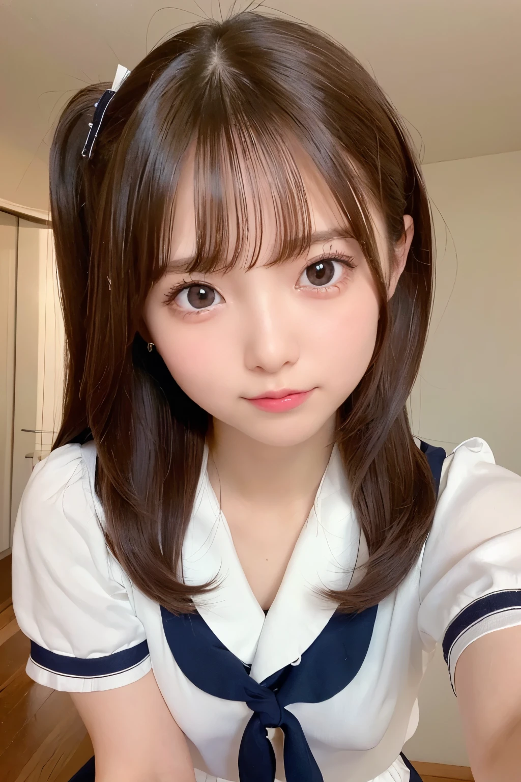 1 girl,beautiful and detailed eyes,cute,professional lighting,highest quality,giggle, medium hair, high ponytail,brown hair, mini skirt, School, sailor suit, seductively posing on all fours on a bed, looking up flirtatiously, from below(from below:1.3), (looking down, watching at Viewer:1.3)