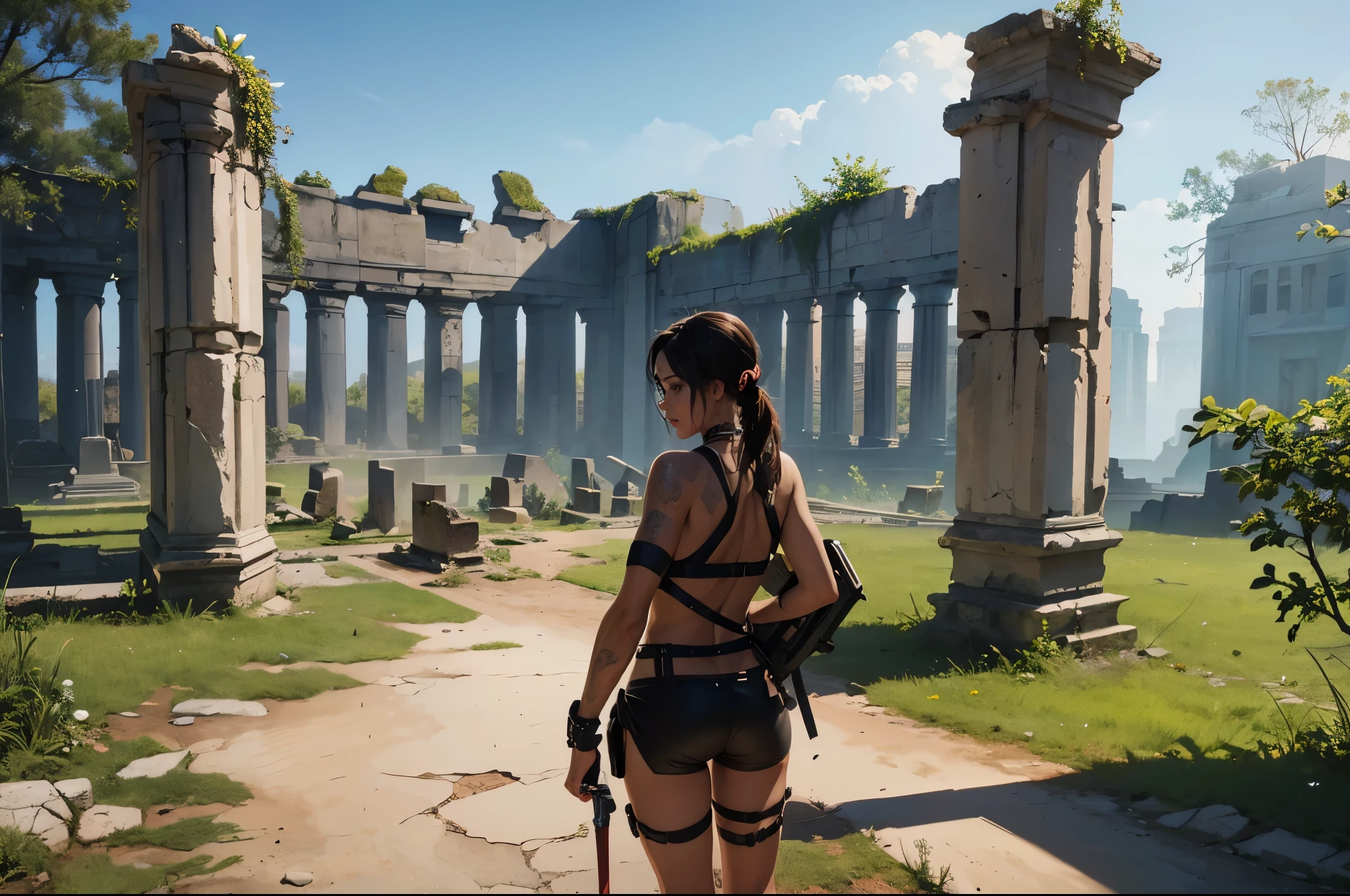 (((landscape of ancient civilization ruins))), there was a beautiful young explorer girl standing in the distance, ((wearing a tomb raider outfit)), ((wear glasses))