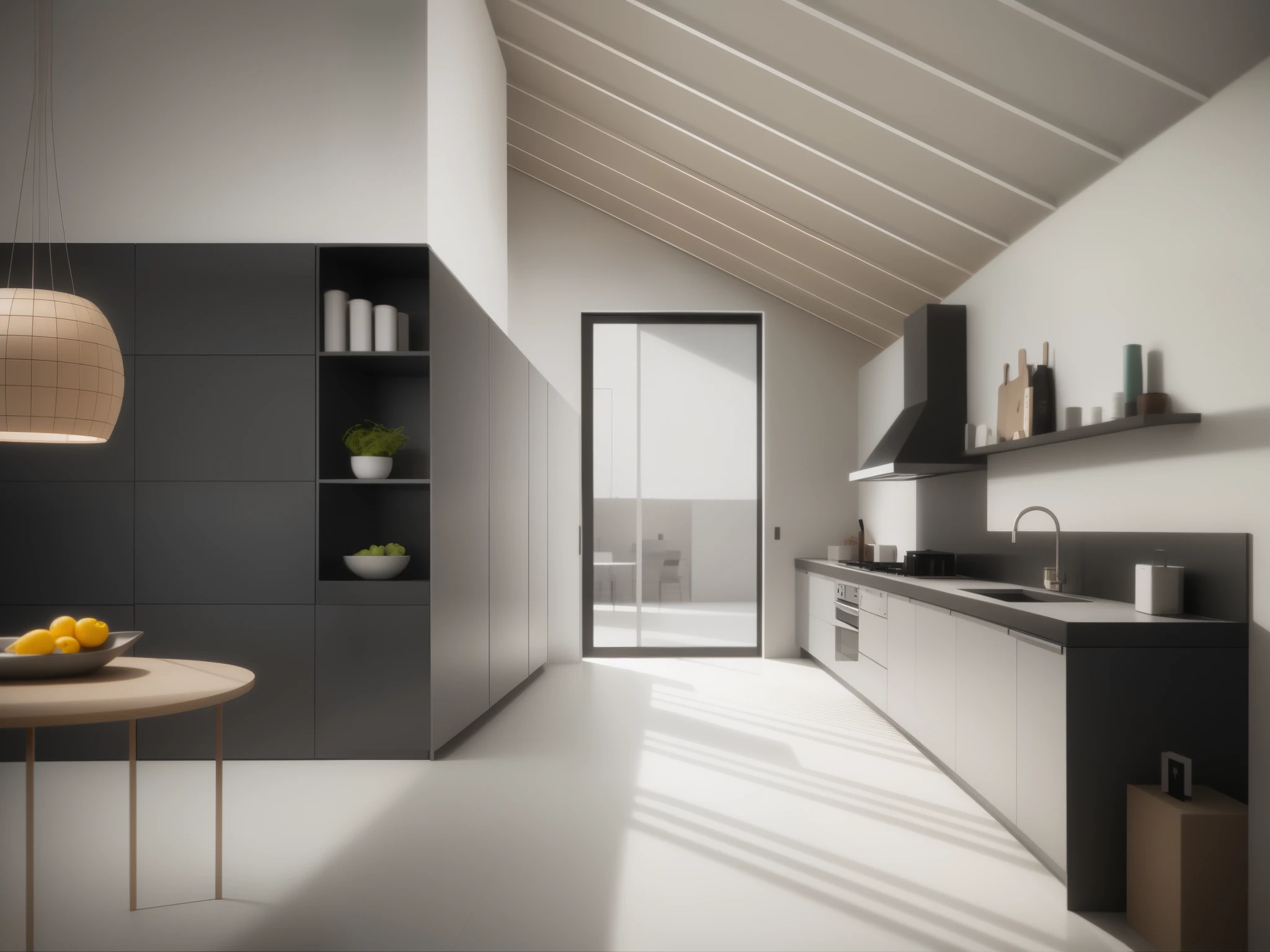 There is a kitchen,There is a table and a chair inside, highly photographic rendering, photographic rendering, minimal kitchen, Render with povray, presented in corona, rendervray, Inspired by Antonio Rota, vray rendering, artistic rendering, Rendering in vray, architectural visualization, Luxury custom kitchen design, elegant minimalism, bright rendering, Award-winning rendering