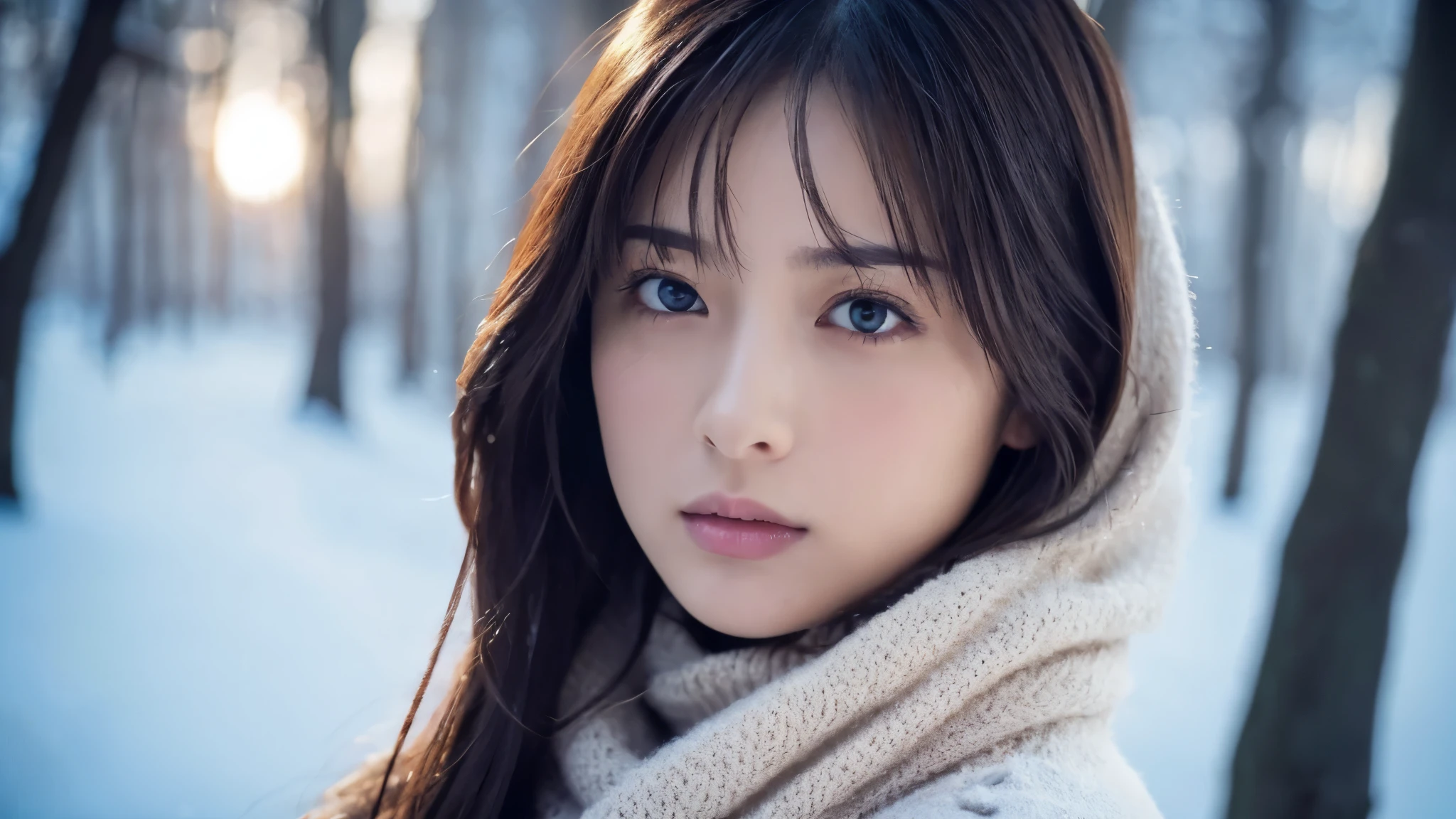 full image of 1girl in, (Wear winter clothes:1.2), (Raw photo, Best Quality), (Realistic, Photorealsitic:1.4), masutepiece, Extremely delicate and beautiful, Extremely detailed, 2k wallpaper, amazing, finely detail, the Extremely Detailed CG Unity 8K Wallpapers, Ultra-detailed, hight resolution, Soft light, Beautiful detailed girl, extremely detailed eye and face, beautiful detailed nose, Beautiful detailed eyes, Cinematic lighting, Winter scene, Perfect Anatomy, Slender body, Taut, Straight semi-long hair, Bangs, Looking away from the Viewer, A slight sad mood.