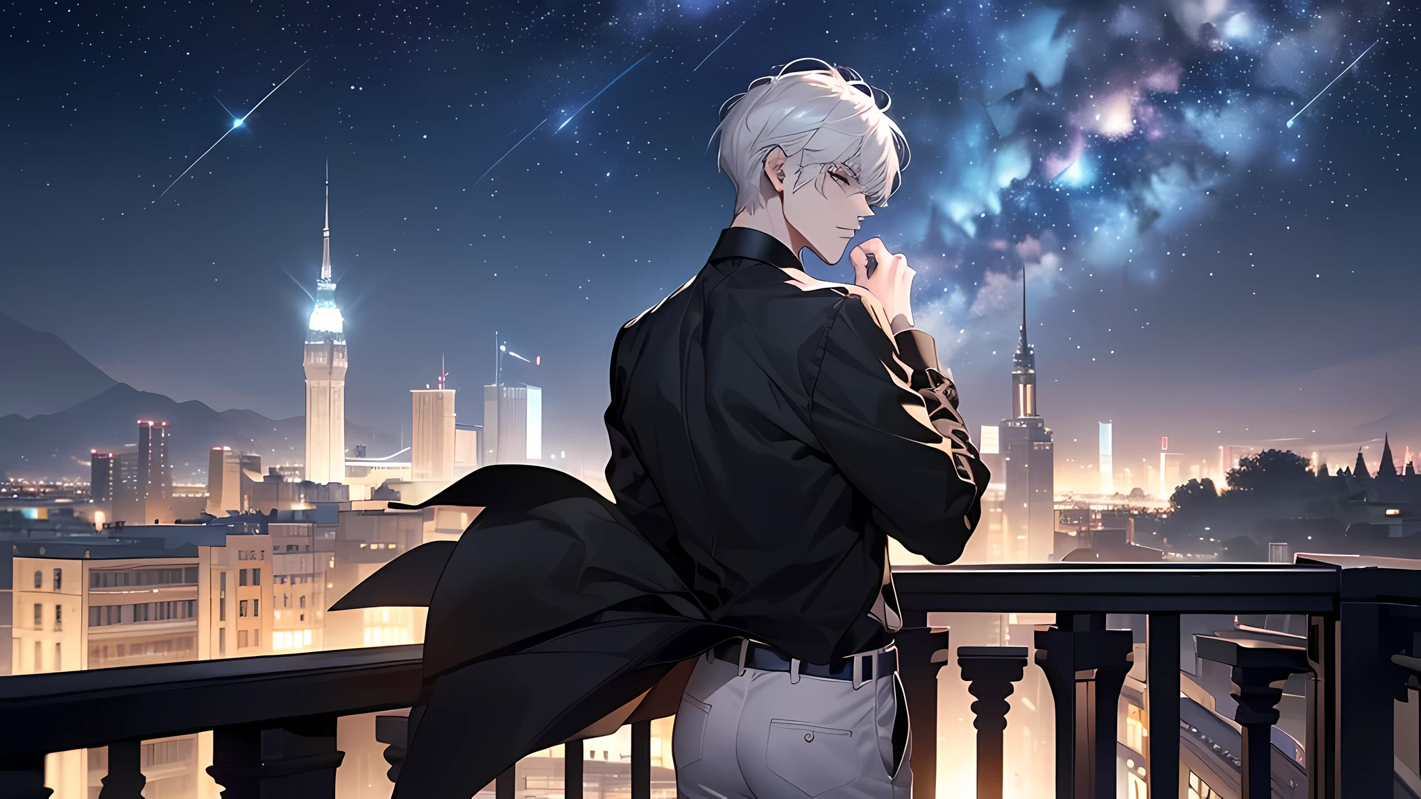 ((4K works))、masterpiece、(top-quality)、One beautiful boy、Slim body、tall、((Black Y-shirt and white pants、Charming English knight style))、(Detailed beautiful eyes)、Fantastic English black balcony、Castle inhabited by villains、Villain Knight、Balcony at night、((Starry sky in the background))、((dark sky))、((Fashionable city scenery at midnight))、((Standing on a stylish balcony and shooting))、mid night、((Face similar to Carly Rae Jepsen))、((Short-haired white hair))、((Smaller face))、((Neutral face))、((Bright blue eyes))、((American adult male))、((Adult male 26 years old))、((Cool Men))、((Like a celebrity))、((Angry look))、((Korean Makeup))、((elongated and sharp eyes))、((Happy dating))、((boyish))、Professional Photos、(((Shot alone)))、((shot from back))、((Shot so that the back of the head is visible))、((Focus zoom in))、((He is looking at the starry sky))、((He is standing on the balcony))、horor、((Beautiful and cool photos))、Cool pose, perfect face, perfect body, detailed face, detailed eyes