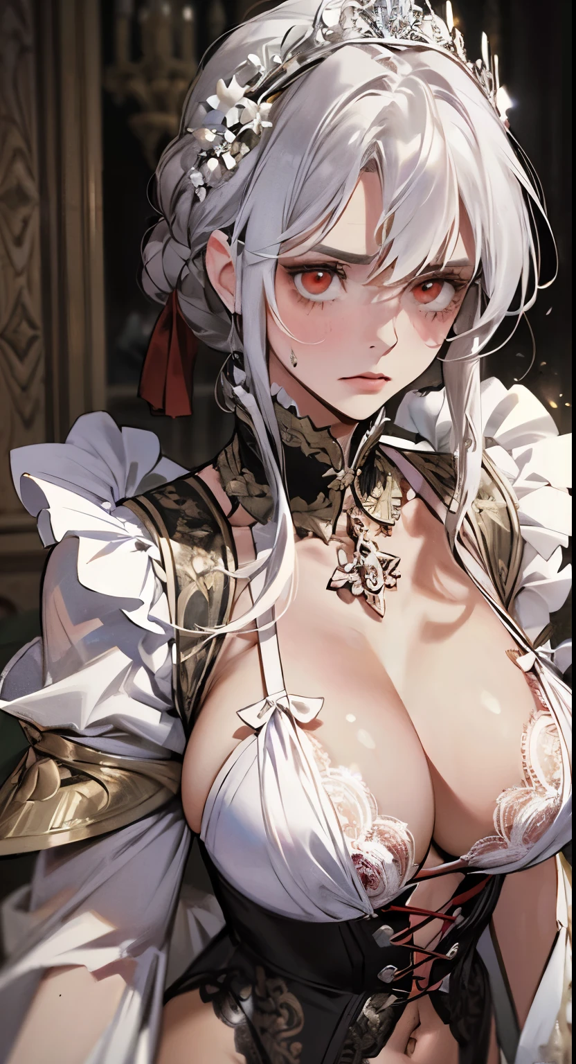 (best quality,high resolution:1.2), super detailed, actual:1.37, A mature and beautiful lady wearing a palace robe, Lace lingerie, A look of disgust on her face，frown, close up of her breasts, white hair, red eyes, and exposed her underwear, The focus is on her plump breasts，Accentuate Chest, Mature and sexy，belly tattoo.