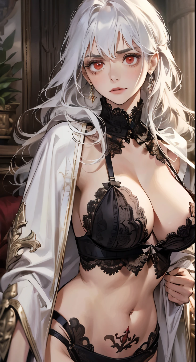 (best quality,high resolution:1.2), super detailed, actual:1.37, A mature and beautiful lady wearing a palace robe, Lace lingerie, A look of disgust on her face,frown, close up of her breasts, white hair, red eyes, and exposed her underwear, The focus is on her plump breasts,Accentuate Chest, Mature and sexy,belly tattoo.
