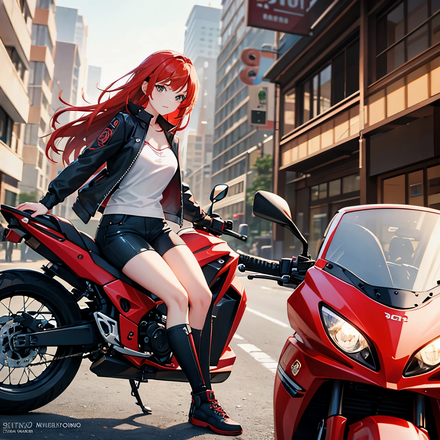 red-haired girl riding a motorcycle