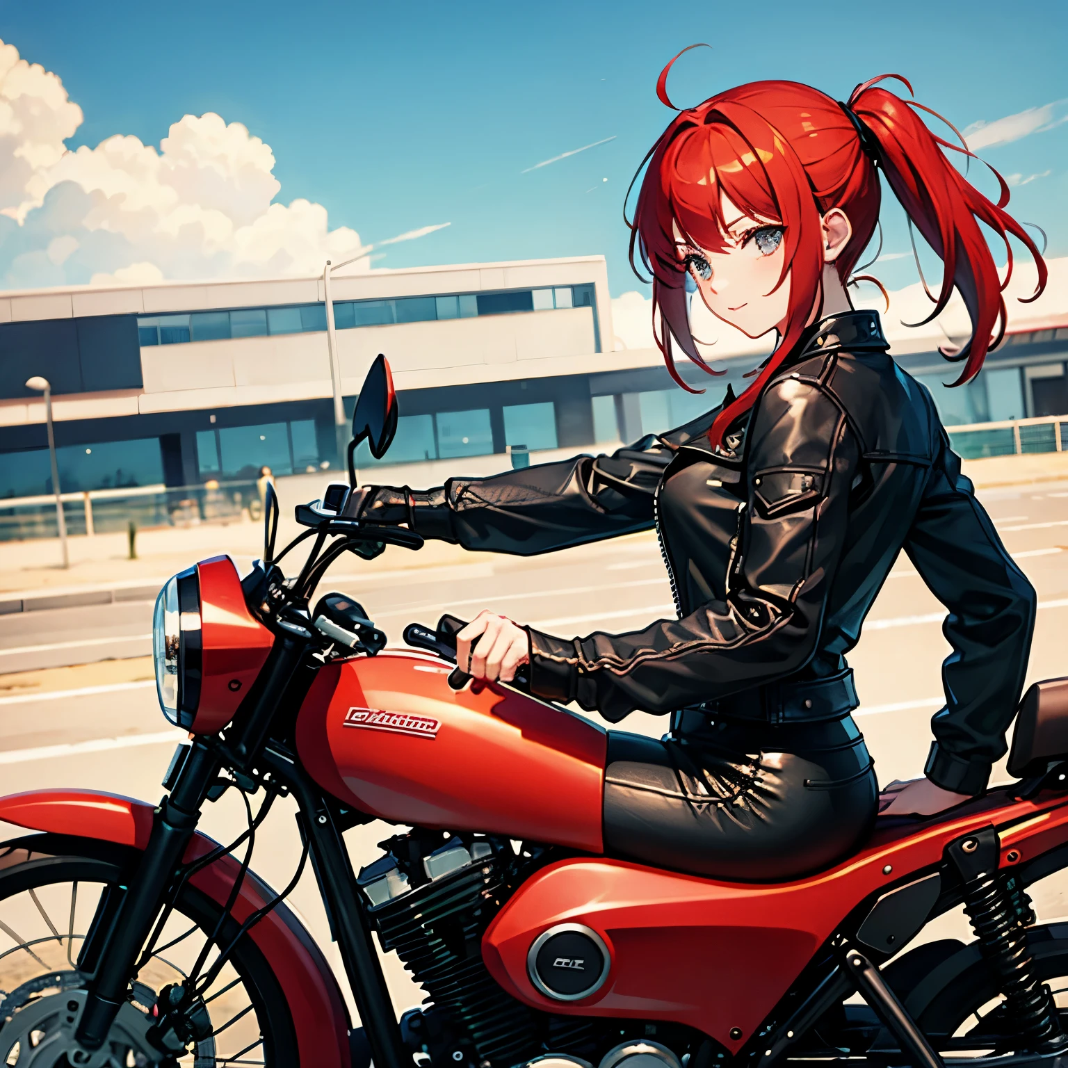 red-haired girl riding a motorcycle
