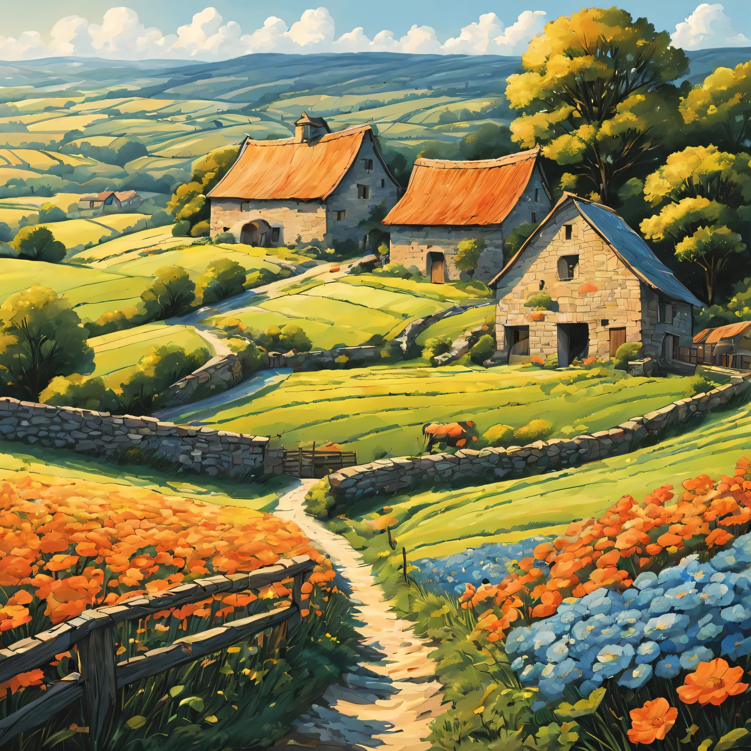 Warm color line art,Franco-Belgian comic style,fantasy comic style,A beautiful French countryside landscape painting,endless rolling hills、summer,lush farm lands、stone barn,Gray slate roofs and cottages scattered around。The painting should express the peaceful atmosphere of the countryside,Clear blue sky and soft sunlight illuminate the scene。Be careful with the pen、exquisite,Overall composition balance。(best quality),(bright colors,Vibrant shades),(clear lines,no shadow),(Moderate:picturesque),blooming flowers。