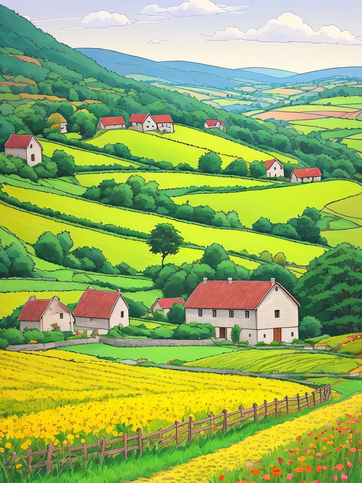 Warm color line art，Franco-Belgian comic style，fantasy comic style，beautiful french countryside，endless rolling hills、summer，lush farm lands、stone barn，Gray slate roof cottage。The painting should express the peaceful atmosphere of the countryside，sunny afternoon。Be careful with the pen、exquisite，Overall composition balance。（clear lines，no shadow），（Moderate：picturesque），blooming flowers。