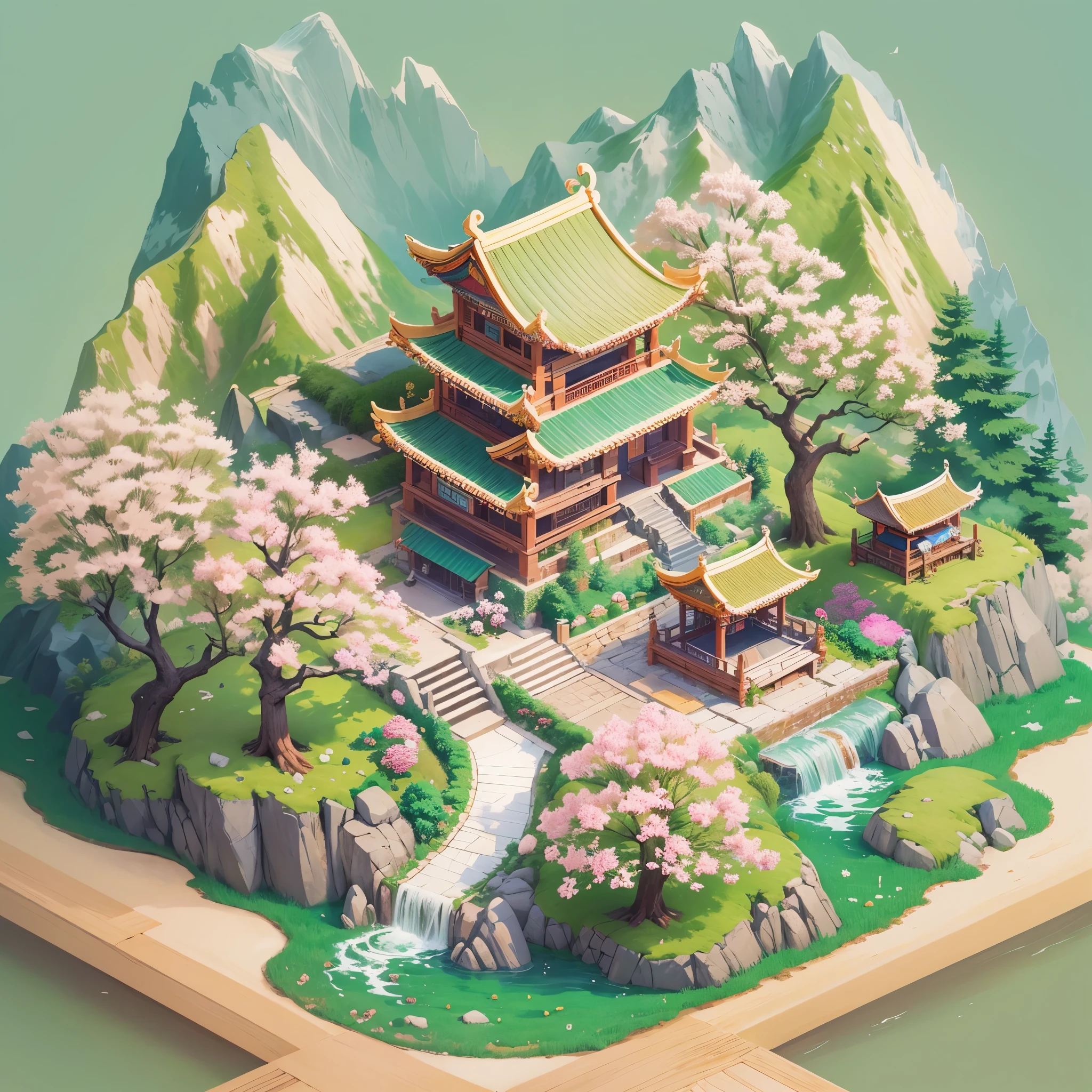 (Isometric animation,Cool colors,White background,Caustics,sharp focus:1.5),Chinese style,mountain peak,village,farmland,White peach blossoms,Baiyun, Graphical style,paper cut style,Xiangyun,The content is very detailed,Cool colors、