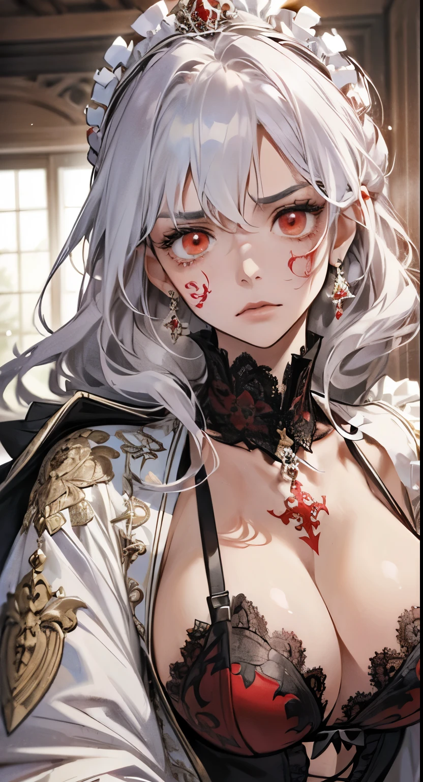 (best quality,high resolution:1.2), super detailed, actual:1.37, A mature and beautiful lady wearing a palace robe, Lace lingerie, A look of disgust on her face,frown, close up of her breasts, white hair, red eyes, and exposed her underwear, The focus is on her plump breasts,Accentuate Chest, Mature and sexy,腹部tattoo,tattoo,red face.