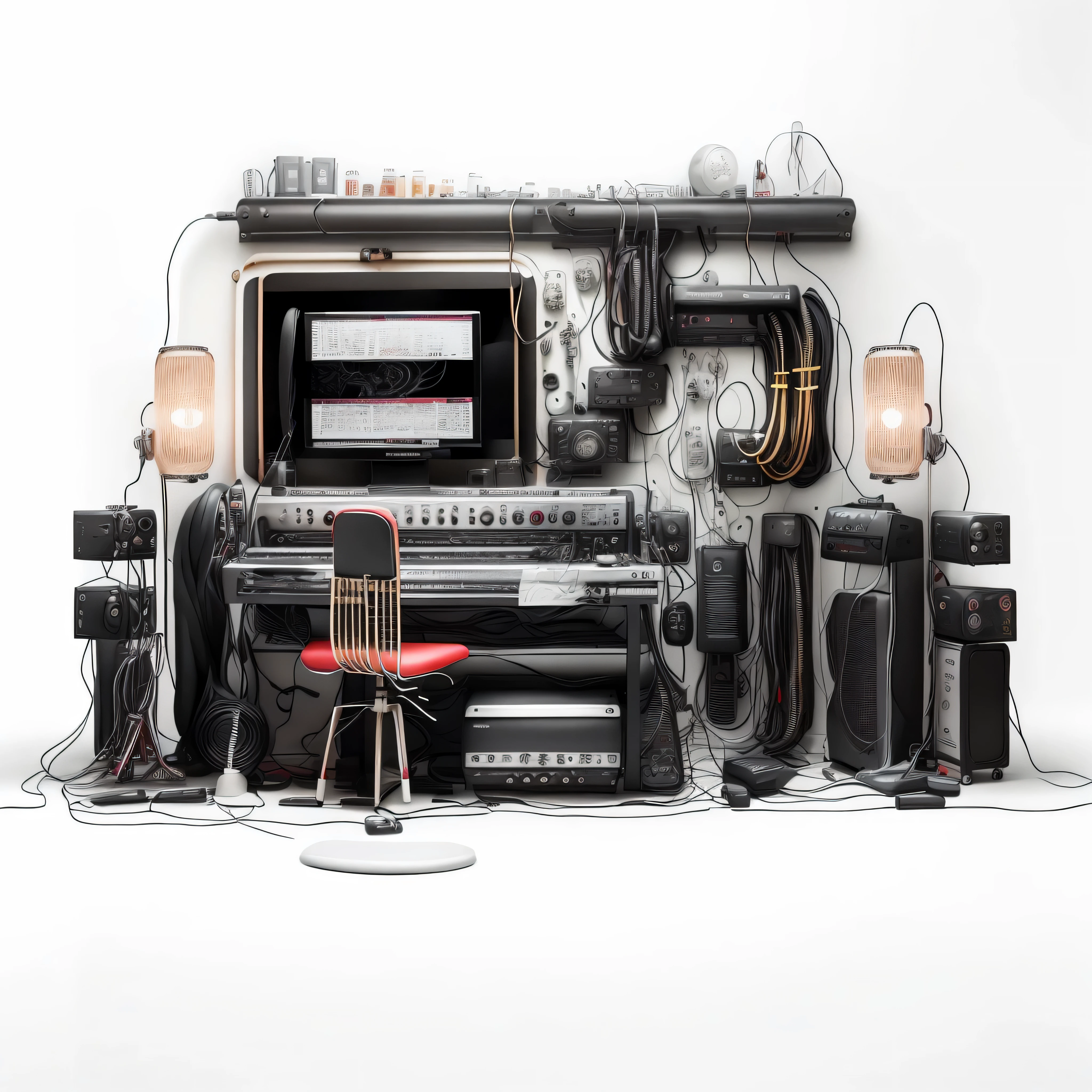 In the recording studio,masterpiece,best quality,super detailed,Small stage,band,(condenser microphone),(electric guitar),mixer,vocal,keyboard,dark gothic pattern,(vocal)earphone,Indoor light,vacuum tube,white sand。Microphone cable,Guitar cable,monitor,Various musical instruments