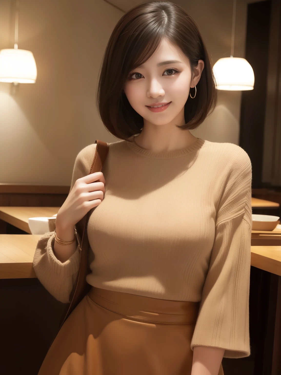 ((masterpiece))、((highest quality))、photograph、reality、High level image quality、Super detailed、married woman、30 generations、delicate features、short hair、Realistic background and accessories、large and soft chest、chest bulge、sexy smile、restaurant、tight brown shirt with round neck、Tight knitted skirt、((Indirect lighting only))、proudly、look straight ahead、mature woman、plump woman、