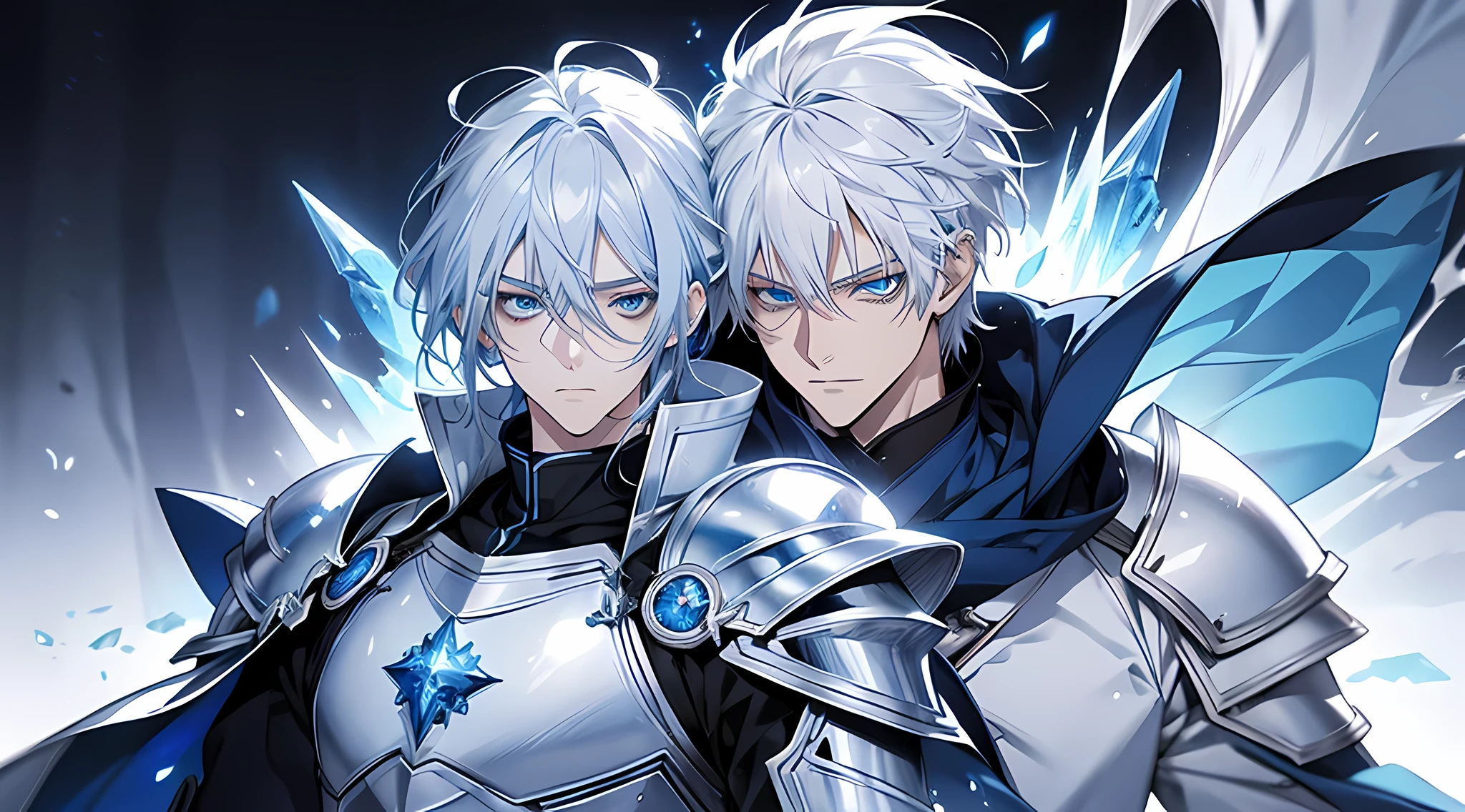 Anime characters with white hair and blue eyes in snowy scenes, Ice Mage, Tall anime guy with blue eyes, freezing blue skin。, male anime character, Ice crystal armor, Detailed key anime art, full portrait of magical knight, blue and ice silver color armor, with ice powers, detailed face, detailed eyes, perfect face, perfect eyes,