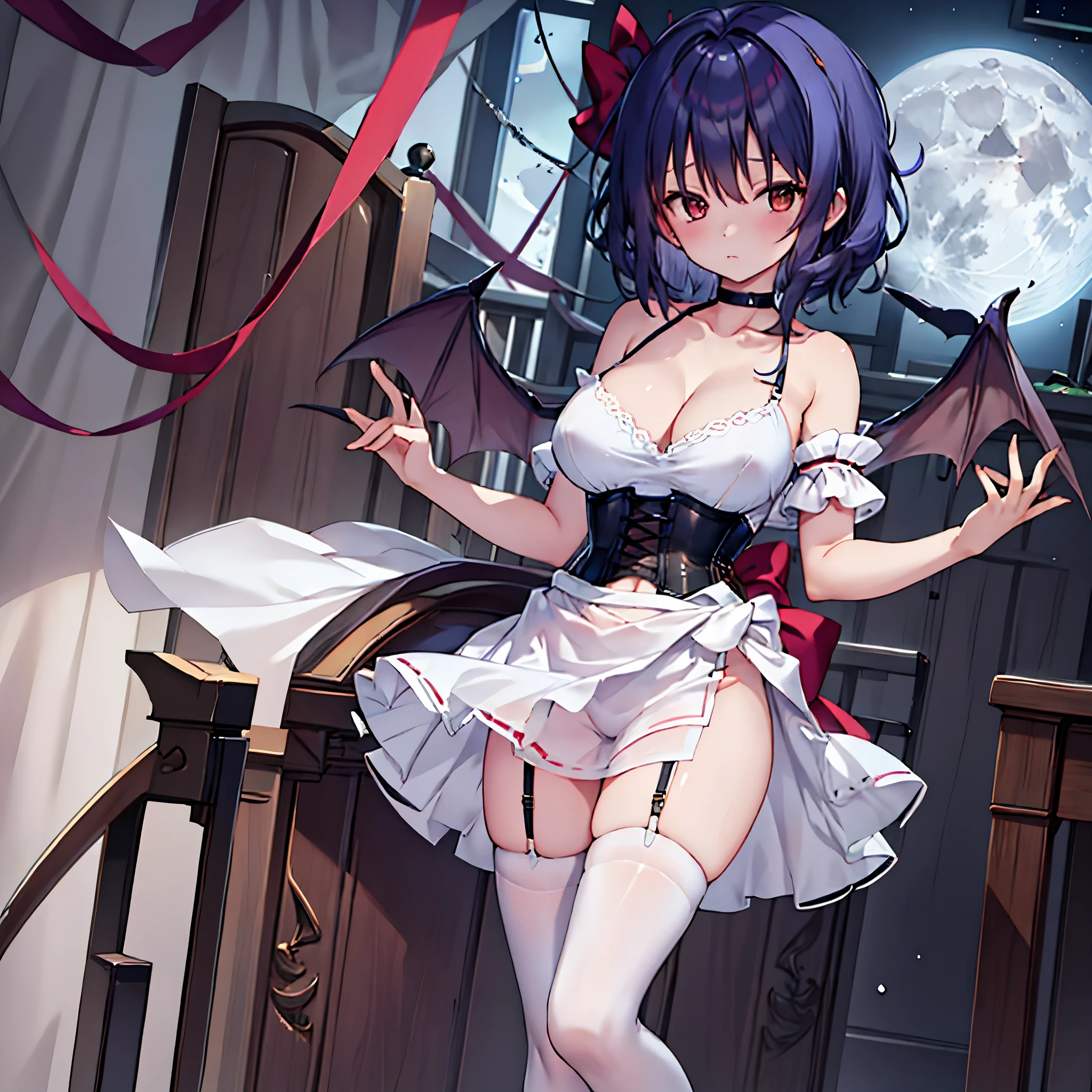 Remilia toho character, (solo:1.2), (standing on deck of mansion:1.1), a full moon, midnight, BREAK, short hair, collarbone, (very perky large breasts), (emphasize cleavage), (inconceivably thin waist:1.3), (very short thin torso:1.2), very long (thin legs), emphasize thigh gap, BREAK, white dress with (plunging neckline:1.1), shoulder straps, (brown wiry corset cinches waist too tight:1.4), frilled (too short white miniskirt), (light blue thighhighs), BREAK, nose blush