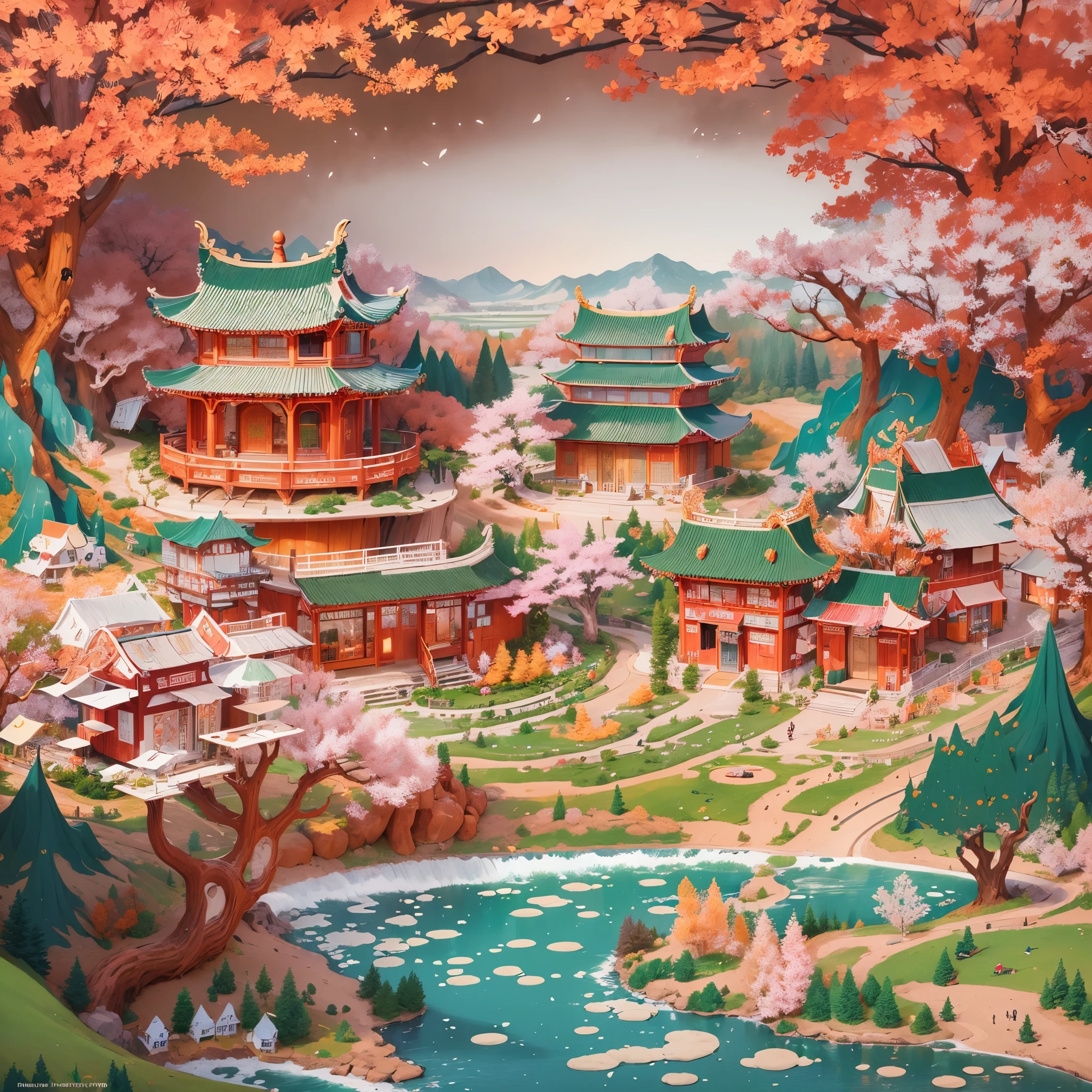 Chinese elements，Chinese people celebrate National Day，Beijing, China，Palace Museum，the great wall，A psychedelic color scheme is adopted，hyper detailed illustration，Light red and sky blue，Imaginary landscapes，Psychedelic cartoons，Landscape scenery and ultra HD images