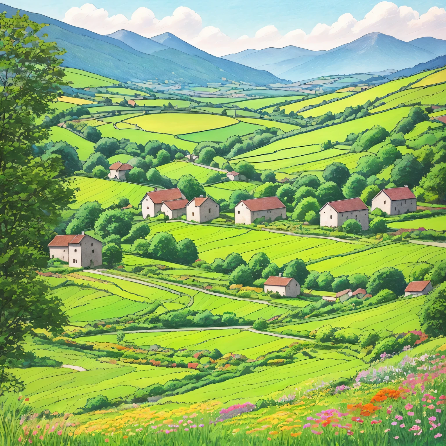 Warm color line art,(comic style),Hand drawn caricature,beautiful french countryside painting,Mountain、summer,lush farm lands、old stone barn,Gray slate roof cottage。The painting should express the peaceful atmosphere of the countryside,sunny afternoon。Be careful with the pen、exquisite,Overall composition balance。(clear lines,no shadow),(Moderate:picturesque),blooming flowers。