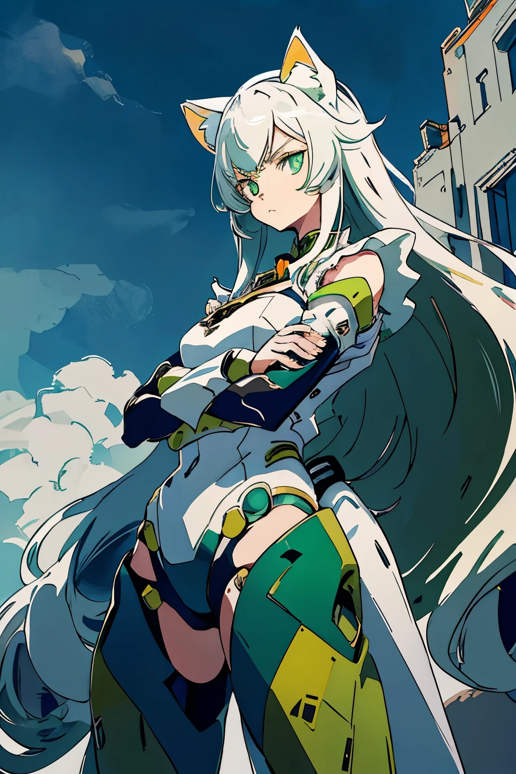 1 Cat-eared maid wearing a mecha suit, Slender fuselage,shining eyes, ((folded arms pose)),camo, green and white body,((cat ears long hair)),battlefield concept art ,ink art, flat color, high contrast, Fashion absurdity, highest quality, negative space,Against the background of blue sky and white clouds