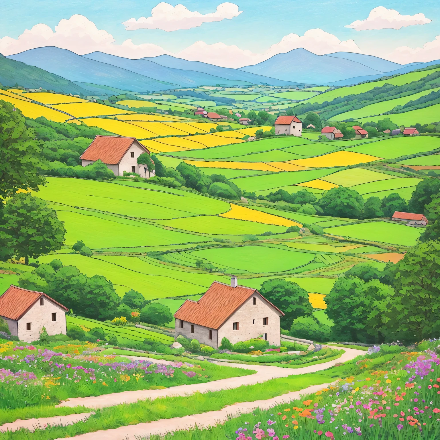 Warm color line art,(comic style),Hand drawn caricature,beautiful french countryside painting,Mountain、summer,lush farm lands、old stone barn,Gray slate roof cottage。The painting should express the peaceful atmosphere of the countryside,sunny afternoon。Be careful with the pen、exquisite,Overall composition balance。(clear lines,no shadow),(Moderate:picturesque),blooming flowers。