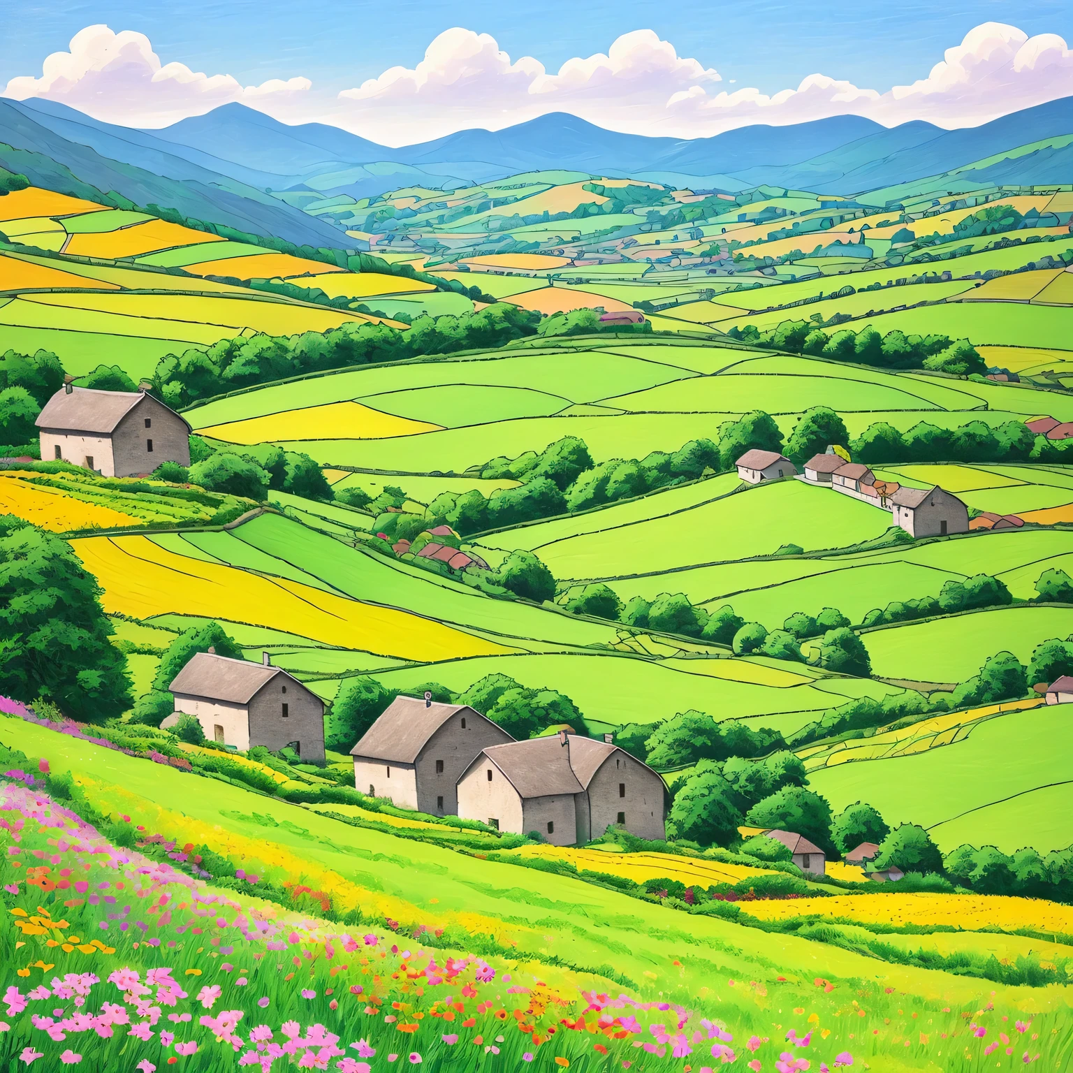 Warm color line art，（comic style），Hand drawn caricature，beautiful french countryside painting，Mountain、summer，lush farm lands、old stone barn，Gray slate roof cottage。The painting should express the peaceful atmosphere of the countryside，sunny afternoon。Be careful with the pen、exquisite，Overall composition balance。（clear lines，no shadow），（Moderate：picturesque），blooming flowers。