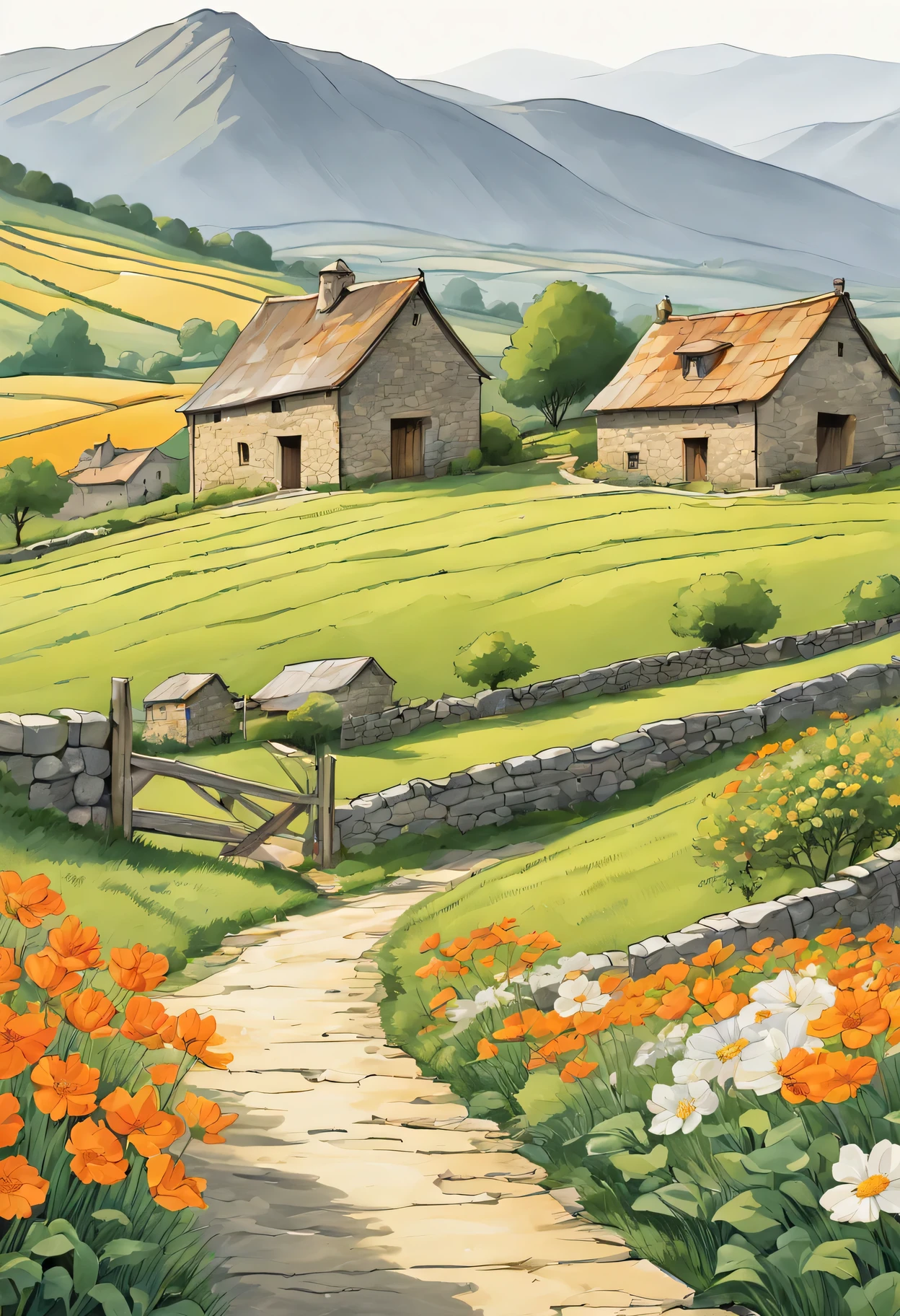 Warm color line art，（comic style），Hand drawn caricature，beautiful french countryside painting，Mountain、summer，lush farm lands、old stone barn，Gray slate roof cottage。The painting should express the peaceful atmosphere of the countryside，sunny afternoon。Be careful with the pen、exquisite，Overall composition balance。（clear lines，no shadow），（Moderate：picturesque），blooming flowers。