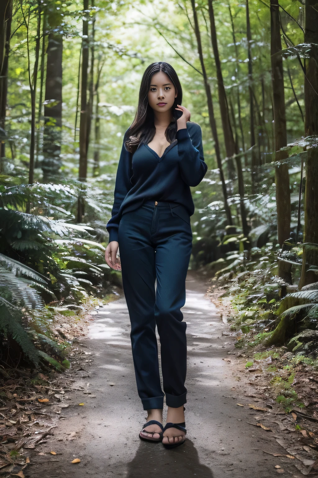 (highest quality,8k,overwhelmingly beautiful:1.2)、(cute japanese girl:1.8、perfection),(((shirt、pants、jumper)))、(huge breasts:1.10),(best beauty body)、(perfection解剖学、beautiful limbs、accurate limbs)、big ass、beautiful thighs、haggard、Malaise、best art、Beautiful Glow、darkness of night、 atmosphere、(((Fusion with nature、Deep in the mountains of the primeval forest、Sea of trees)))、professional photography、Artistic、,