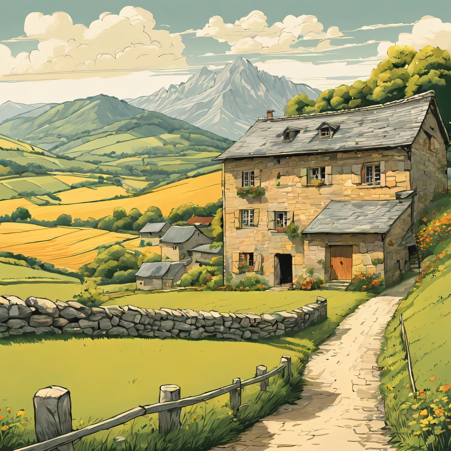 Warm color line art,(comic style),Hand drawn caricature,beautiful french countryside painting,Mountain、summer,Green farmland、Old stone barn with gray slate roof。sunny afternoon。Be careful with the pen、exquisite,Overall composition balance。(clear lines,no shadow),(Moderate:picturesque),Wide-angle lens,Aerial View。