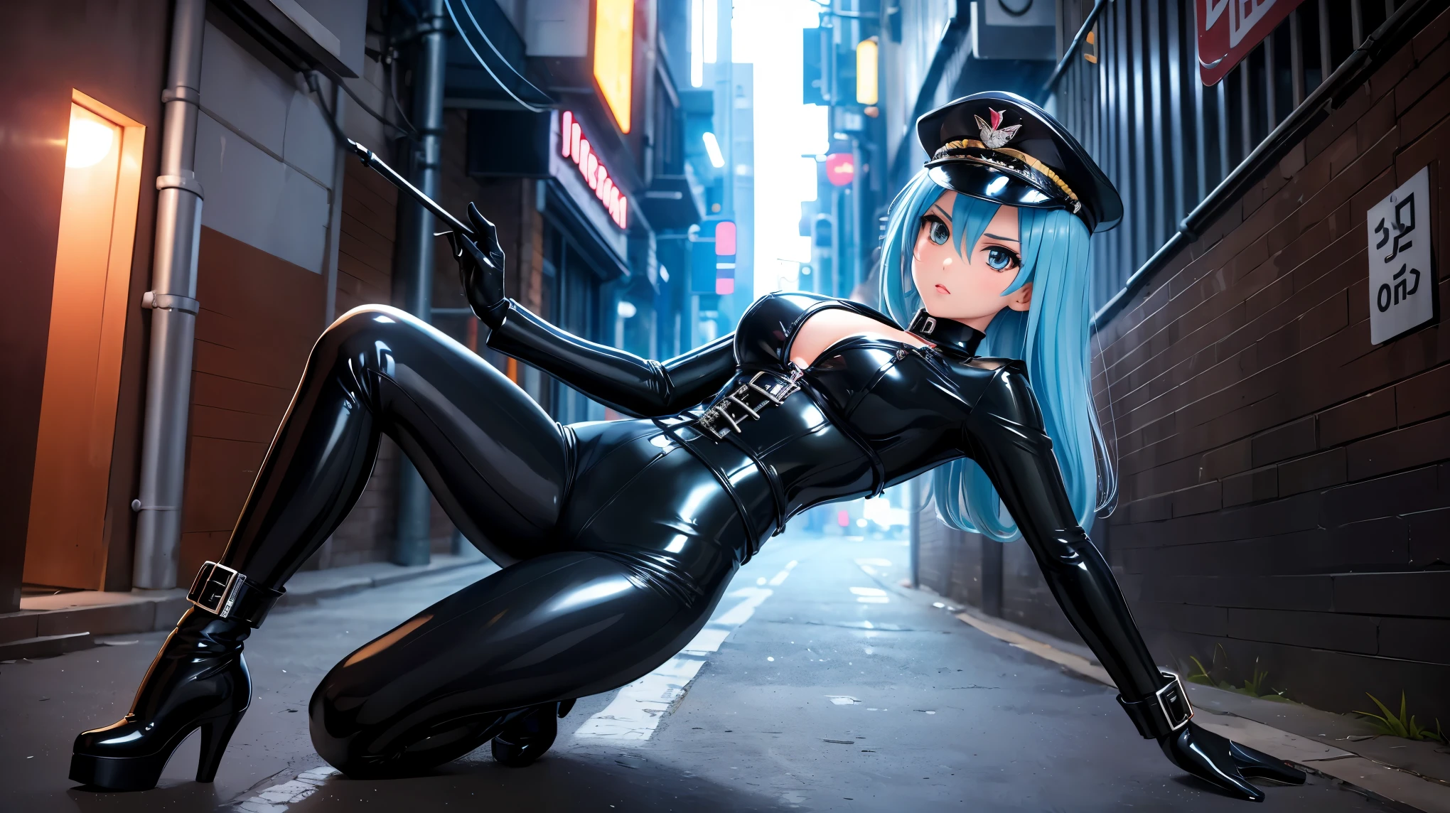 (high res, uhd, high definition, sharp, clear, 4k, 8k, high quality) beauty, cute, mean facial expression, anime, seductive, dominatrix, femdom, mistress, smooth skin, leather, latex, extremely shinny, glossy, anime, female, full body latex jumpsuit, black dominatrix officer hat, black military officer uniform, gloves, dominatrix high heel boots, bondage body harness, corset, light blue hair, brown eyes. location: neon cyberpunk alleyway. Camera angle: camera looking up from boots, female looking down. dominant confident pose