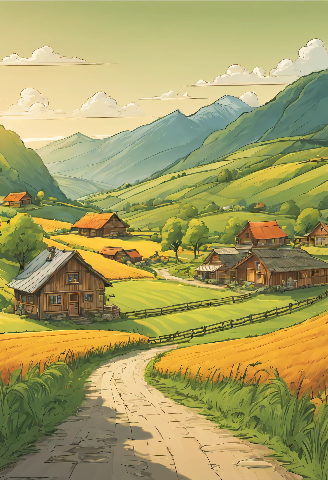 Warm color line art,(comic style),Hand drawn caricature,beautiful countryside painting,Mountain、summer,Green farmland、barns and cabins。sunny afternoon。Be careful with the pen、exquisite,Overall composition balance。(clear lines,no shadow),(Moderate:picturesque),Wide-angle lens
