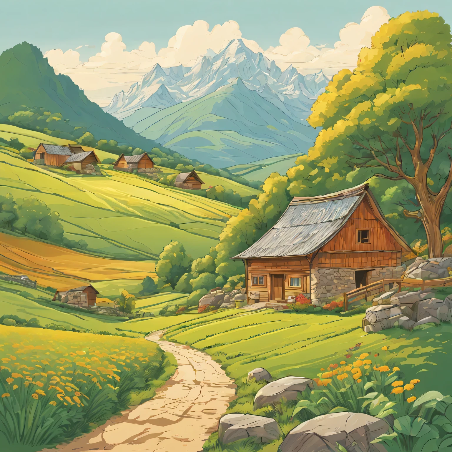 Warm color line art，（comic style），Hand drawn caricature，beautiful countryside painting，Mountain、summer，Green farmland、stone barn and cabin。sunny afternoon。Be careful with the pen、exquisite，Overall composition balance。（clear lines，no shadow），（Moderate：picturesque），Wide-angle lens