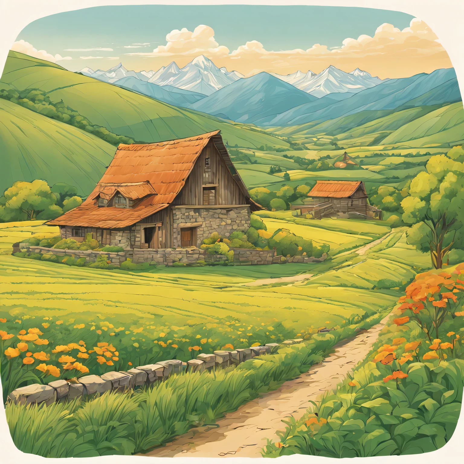 Warm color line art,(comic style),Hand drawn caricature,beautiful countryside painting,Mountain、summer,Green farmland、Old stone barn and cabin。sunny afternoon。Be careful with the pen、exquisite,Overall composition balance。(clear lines,no shadow),(Moderate:picturesque),Wide-angle lens