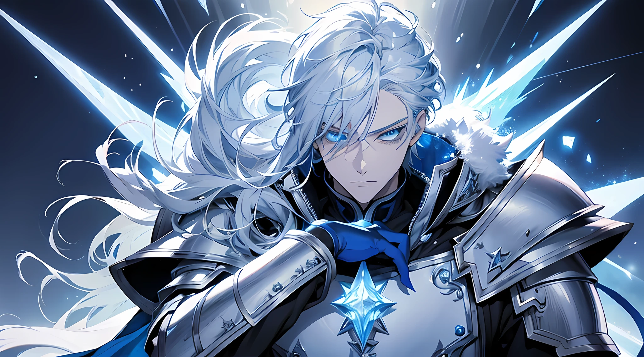 Anime characters with white hair and blue eyes in snowy scenes, Ice Mage, Tall anime guy with blue eyes, freezing blue skin。, male anime character, Ice crystal armor, Detailed key anime art, full portrait of magical knight, blue and ice silver color armor, with ice powers, detailed face, detailed eyes, perfect face, perfect eyes,
