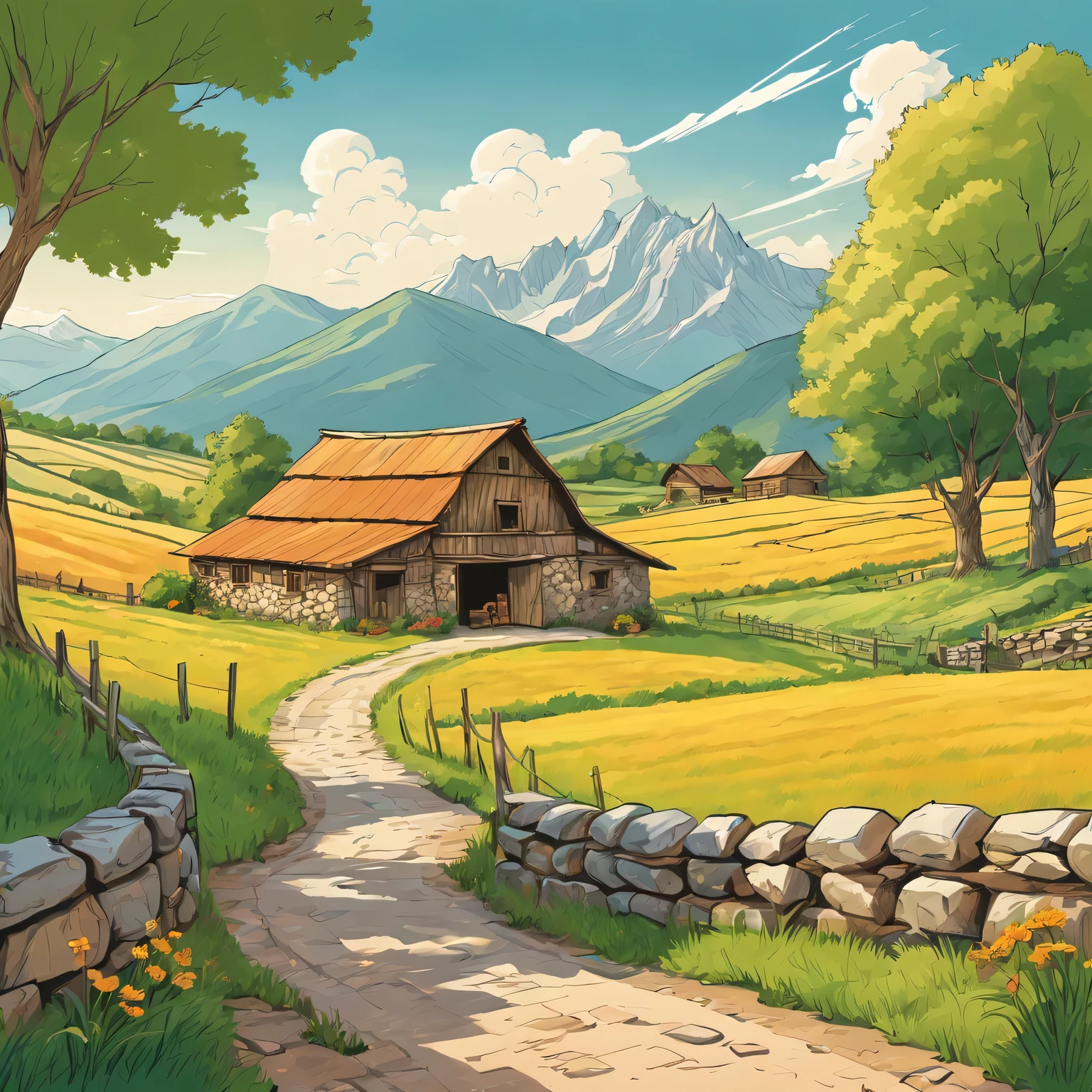 Warm color line art,(comic style),Hand drawn caricature,beautiful countryside painting,Mountain、summer,Green farmland、Old stone barn and cabin。sunny afternoon。Be careful with the pen、exquisite,Overall composition balance。(clear lines,no shadow),(Moderate:picturesque),Wide-angle lens