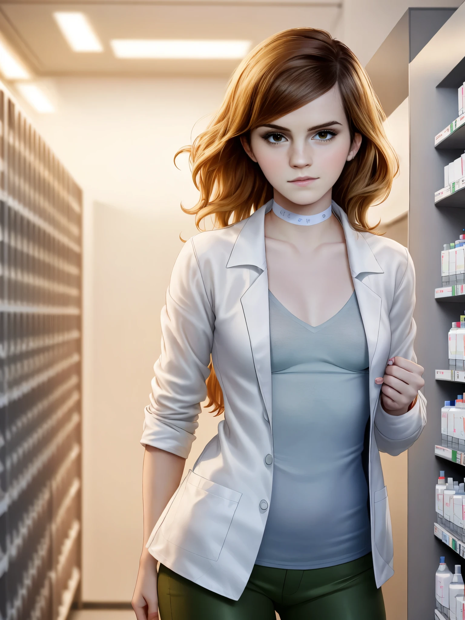 Emma Watson, masterpiece quality, realistic, lots of detail, studio lighting, in a pharmacy, chemistry equipment in background, long hair, wearing white lab coat, wearing green blouse, wearing khaki pants, wearing choker collar, small breasts, thin, 