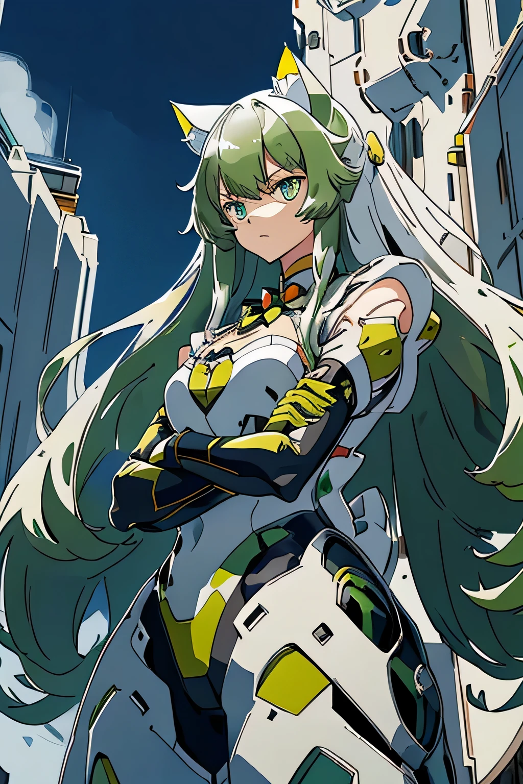 1 Cat-eared maid wearing a mecha suit, Slender fuselage,shining eyes, ((folded arms pose)),Camouflage pattern, green and white body,((cat ears long hair)),battlefield concept art ,ink art, flat color, high contrast, fashion absurdity, highest quality, negative space,Against the background of blue sky and white clouds