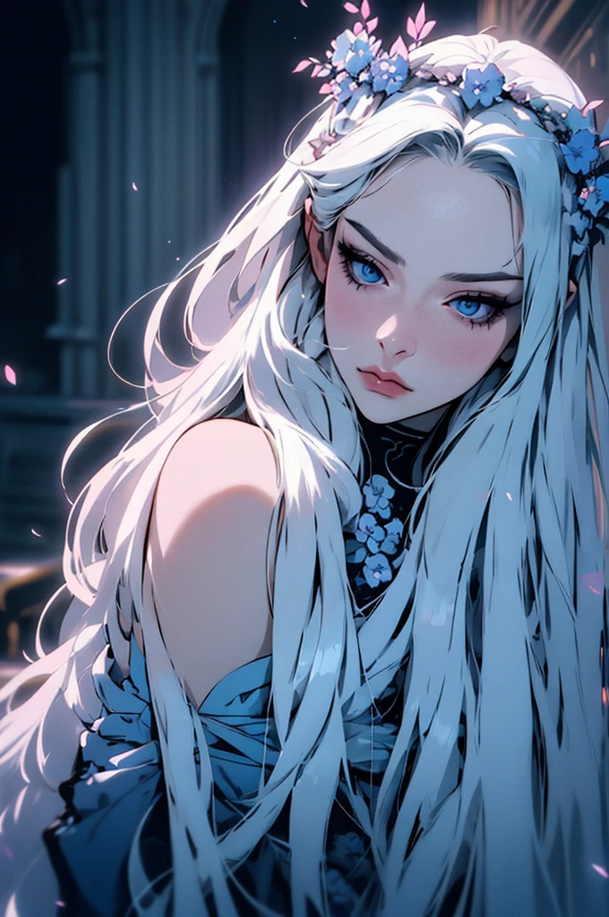 hyper-realistic of a mysterious woman with flowing silver hair, piercing blue eyes, and a delicate floral crown, backwards, looking back, upper body