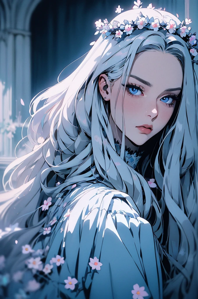hyper-realistic  of a mysterious woman with flowing silver hair, piercing opal eyes, and a delicate floral crown, backwards, looking back, upper body
