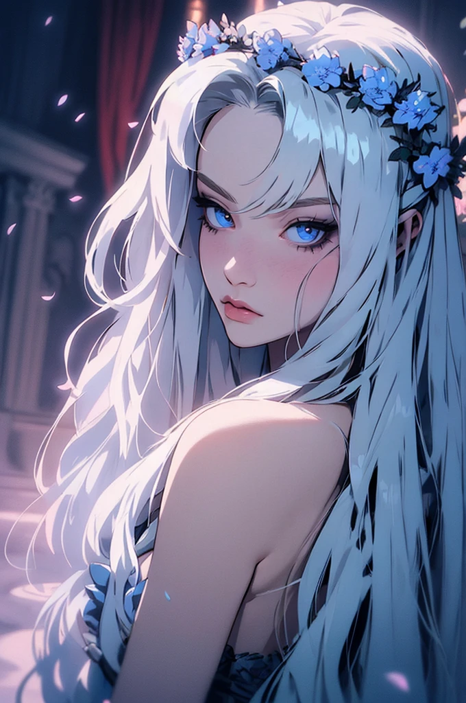 hyper-realistic  of a mysterious woman with flowing silver hair, piercing opal eyes, and a delicate floral crown, backwards, looking back, upper body