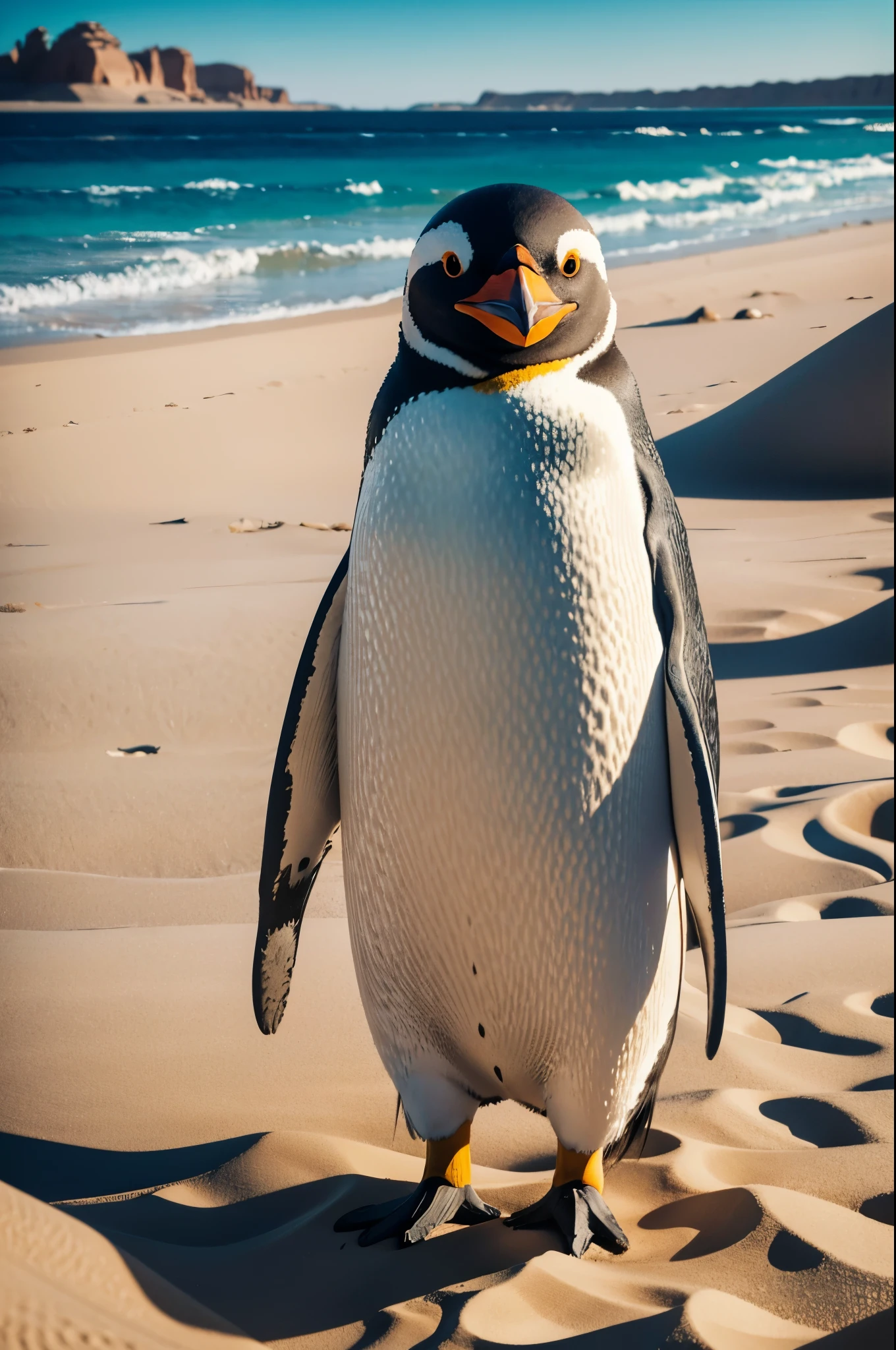 A penguin in the desert,illustration,sand-covered landscape,warm sunlight,hazy atmosphere,penguin's fluffy feathers,curious expression,playful posture,vivid colors,soft pastel palette,detailed sand texture,crisp lines. (best quality,4k,highres,masterpiece:1.2),ultra-detailed,realistic:1.37,portrait,bokeh,fine art lighting.