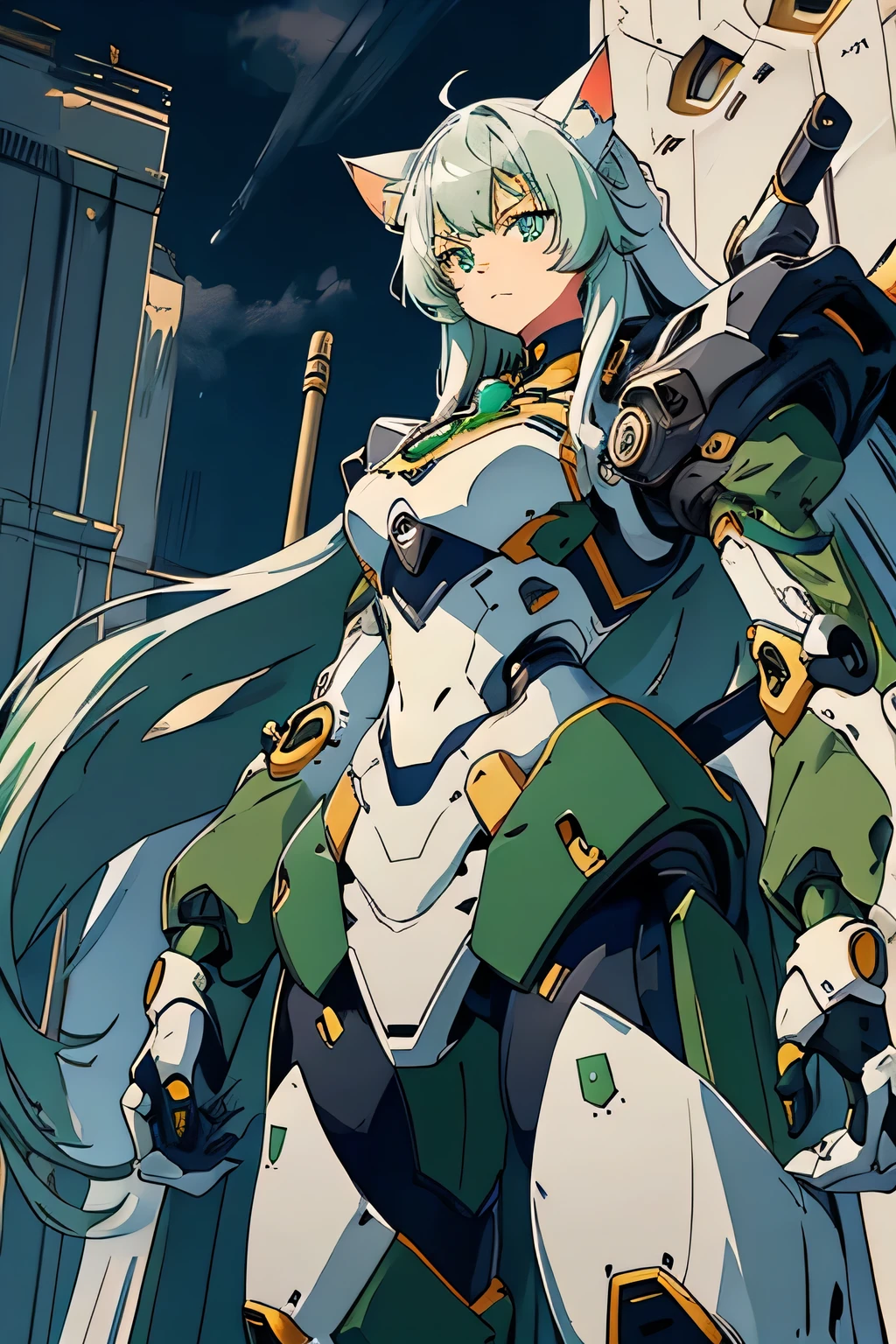 1 Cat-eared maid wearing a mecha suit, Slender fuselage,shining eyes, ((folded arms pose)),Camouflage pattern, green and white body,((cat ears long hair)),battlefield concept art ,ink art, flat color, high contrast, fashion absurdity, highest quality, negative space,Against the background of blue sky and white clouds